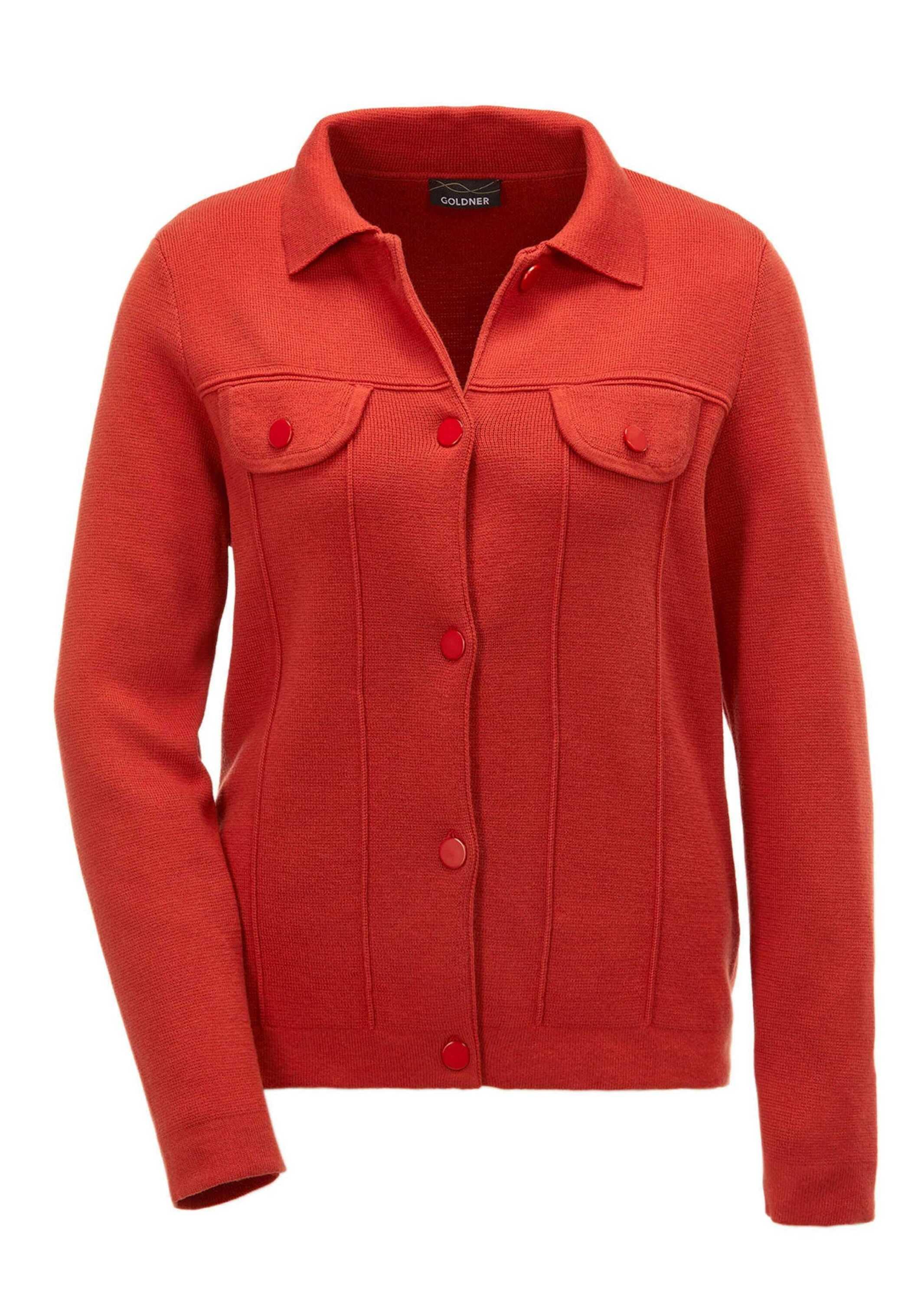 GOLDNER Strickjacke "Kurzgröße Baumwoll-Cardigan in roter Jeansoptik" günstig online kaufen