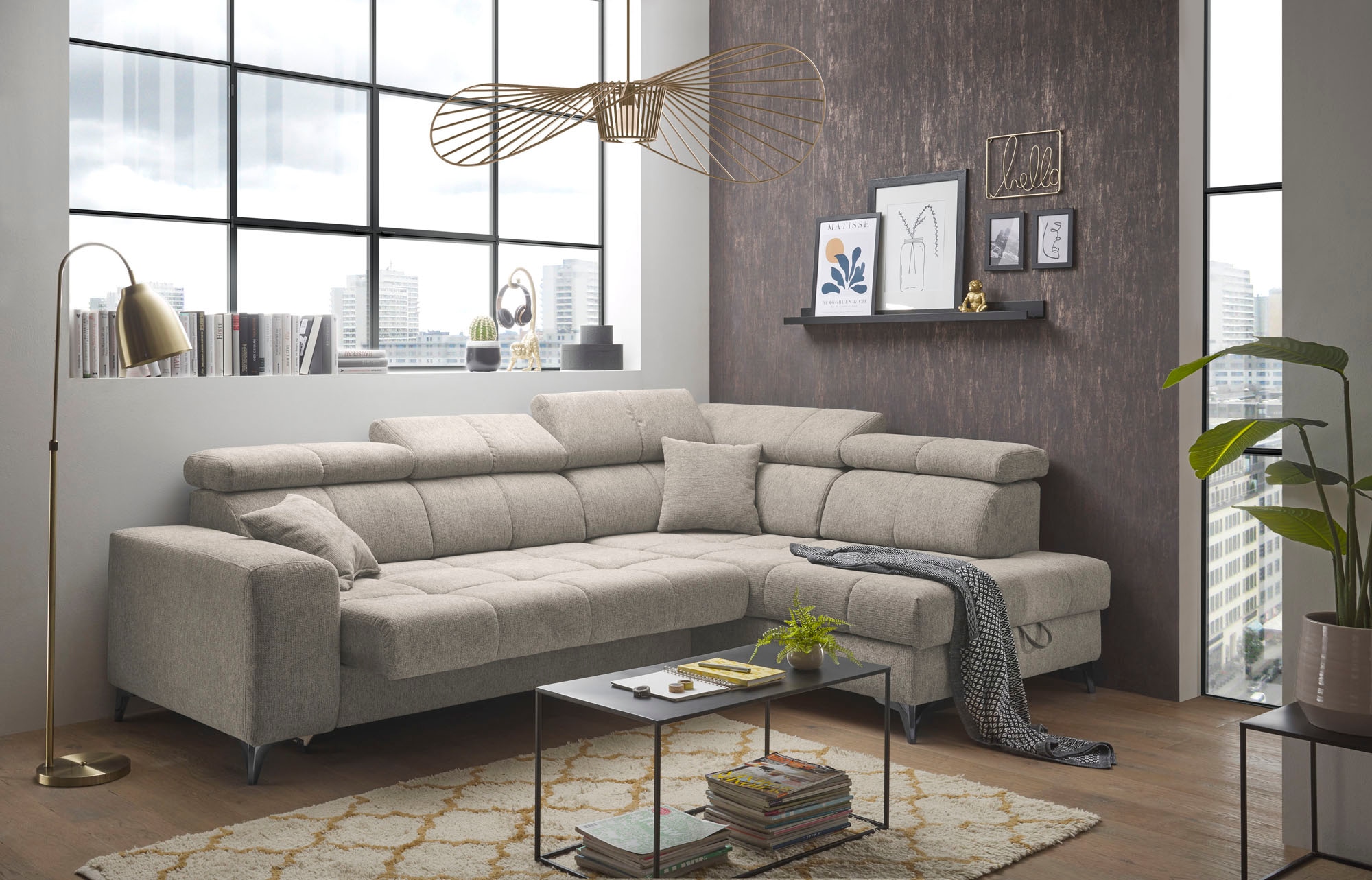 ED EXCITING DESIGN Ecksofa »Sydney L-Form mit Bettfunktion, Bettkasten, Kopfteilverstellung«, motorischer Sitztiefenverstellung, USB-Port & 2 Zierkissen