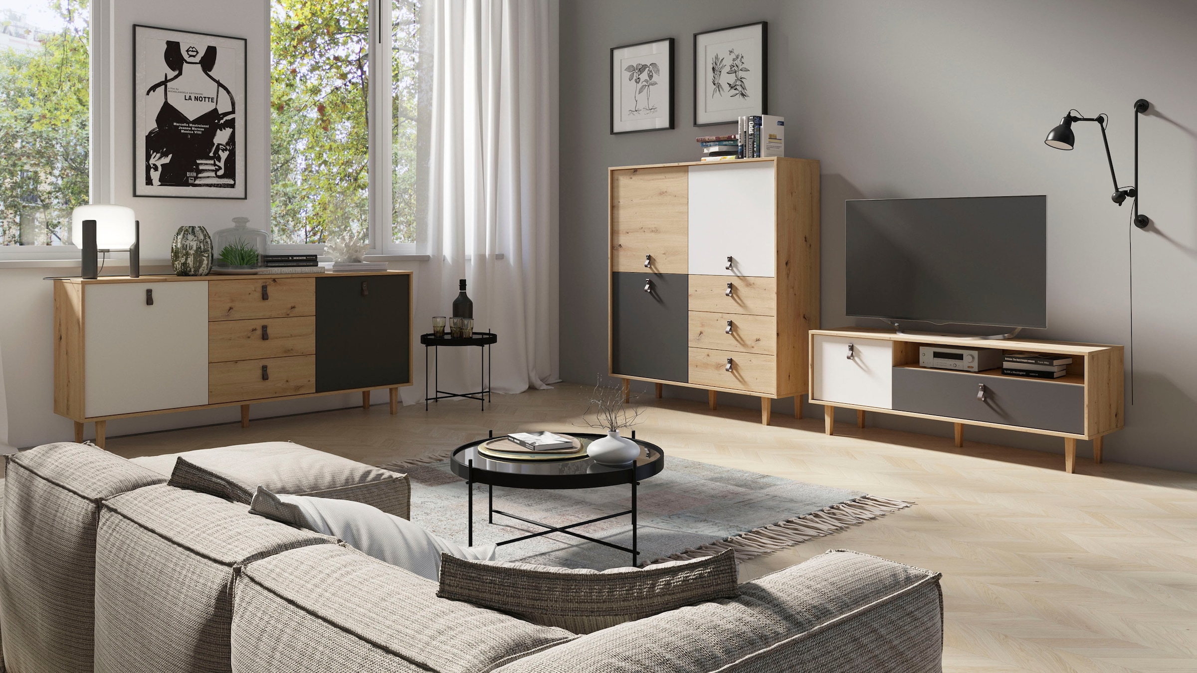 byLIVING Highboard »Bill«, Breite 120 cm, Höhe 135 cm, Füße aus Eiche Massivholz