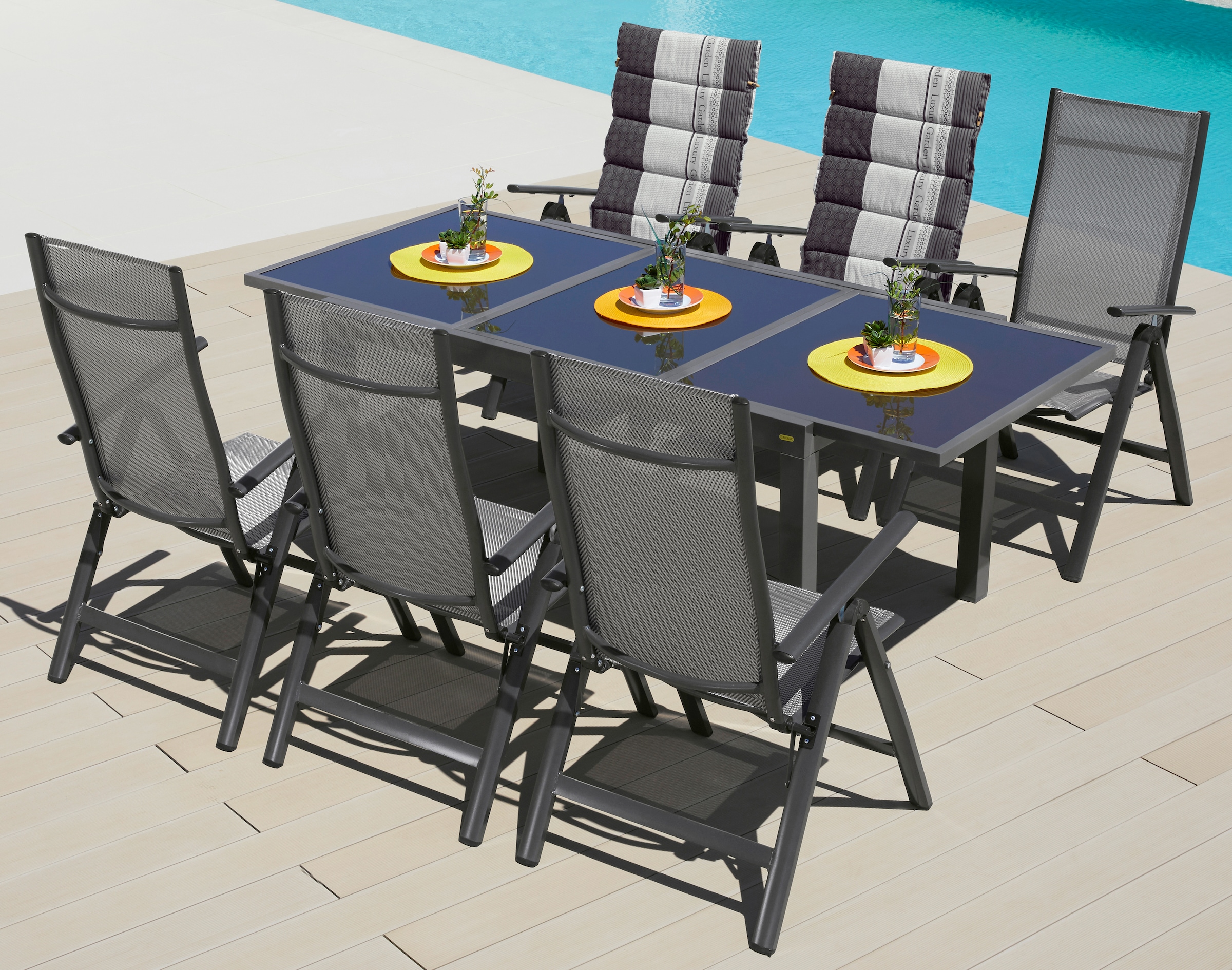 Garten-Essgruppe MERXX "Amalfi", schwarz (anthrazit, braun, diamantfarben), Obermaterial: 100% Polyester, Sitzmöbel-Sets, 6 Stühle mit Tisch