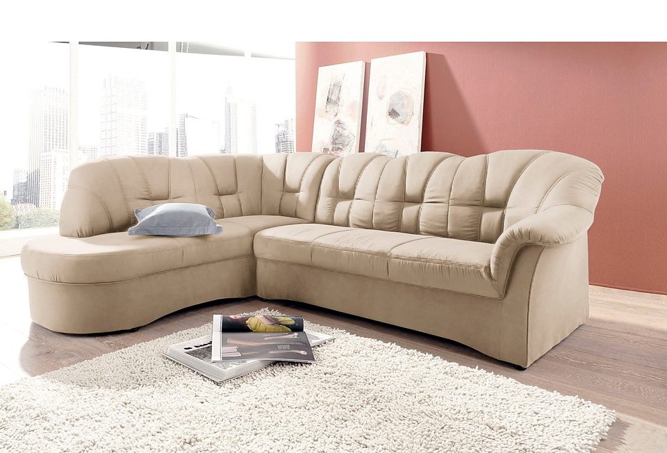 DOMO collection Ecksofa "Papenburg, zeitlose Rückensteppung, elegante Armlehne, L-Form" mit Ottomane, wahlweise mit Bettfunktion