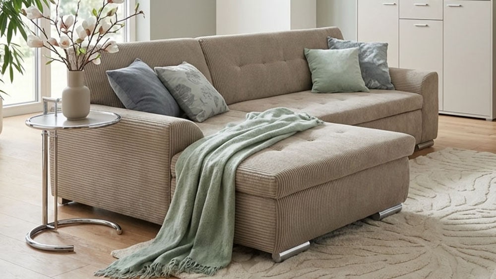 DOMO collection Ecksofa "TREVISO viele Bezüge, auch in Cord, L-Form, 267x178 cm" wahlw. mit Bettfunktion, inkl. Zierkissen, Unser Dauertiefpreis