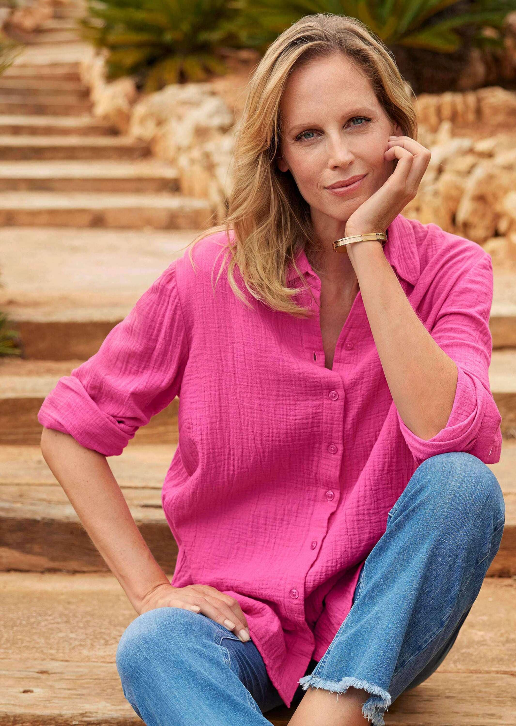 GOLDNER Hemdbluse »Kurzgröße Verlängerte Langarm Musselin-Bluse«