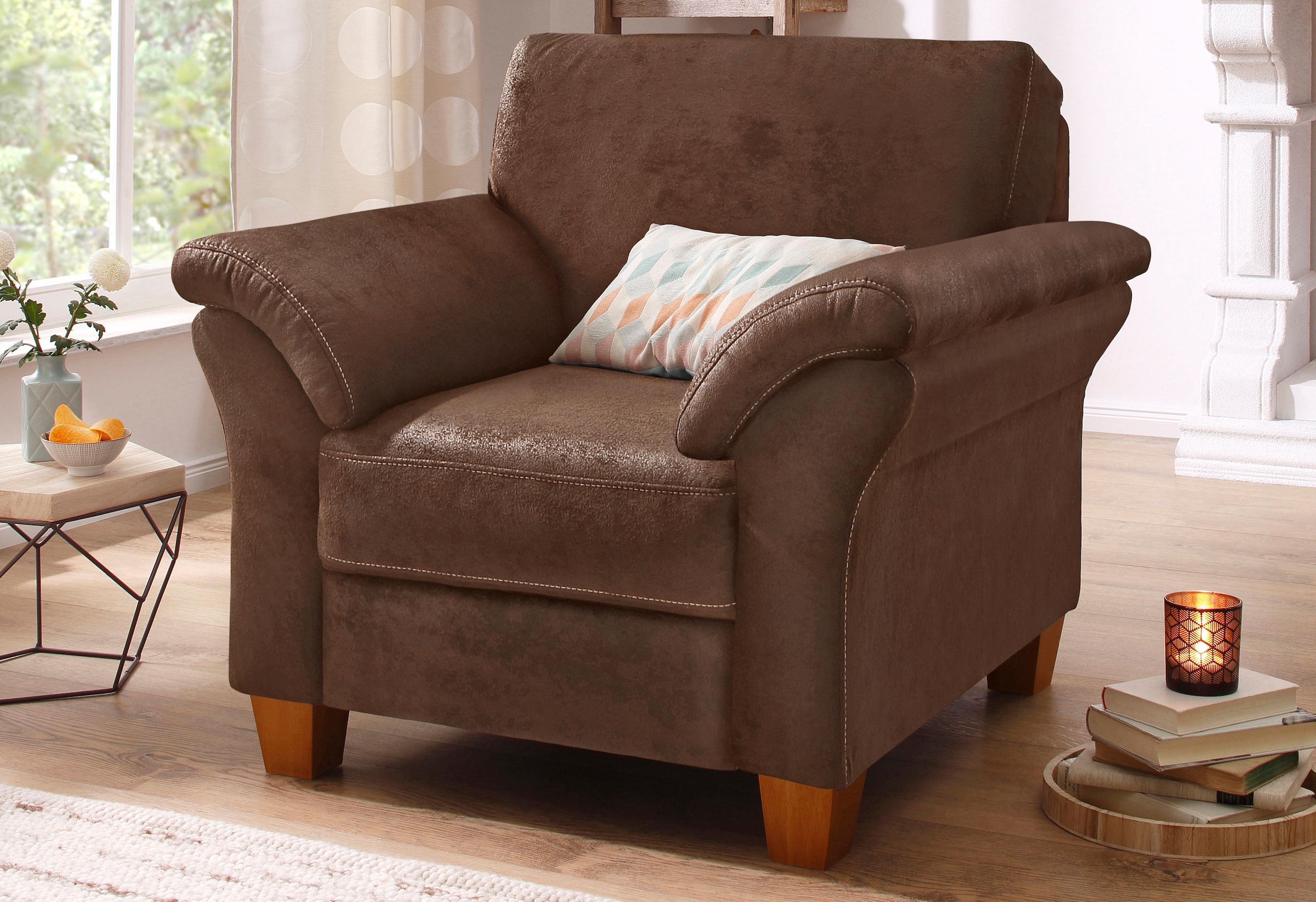 OTTO home Sessel "Borkum, B: 101 cm, Federkern-Polsterung, komfortable Sitzhöhe 46 cm" Frei im Raum stellbar, Massivholzfüße, wohnliches Design