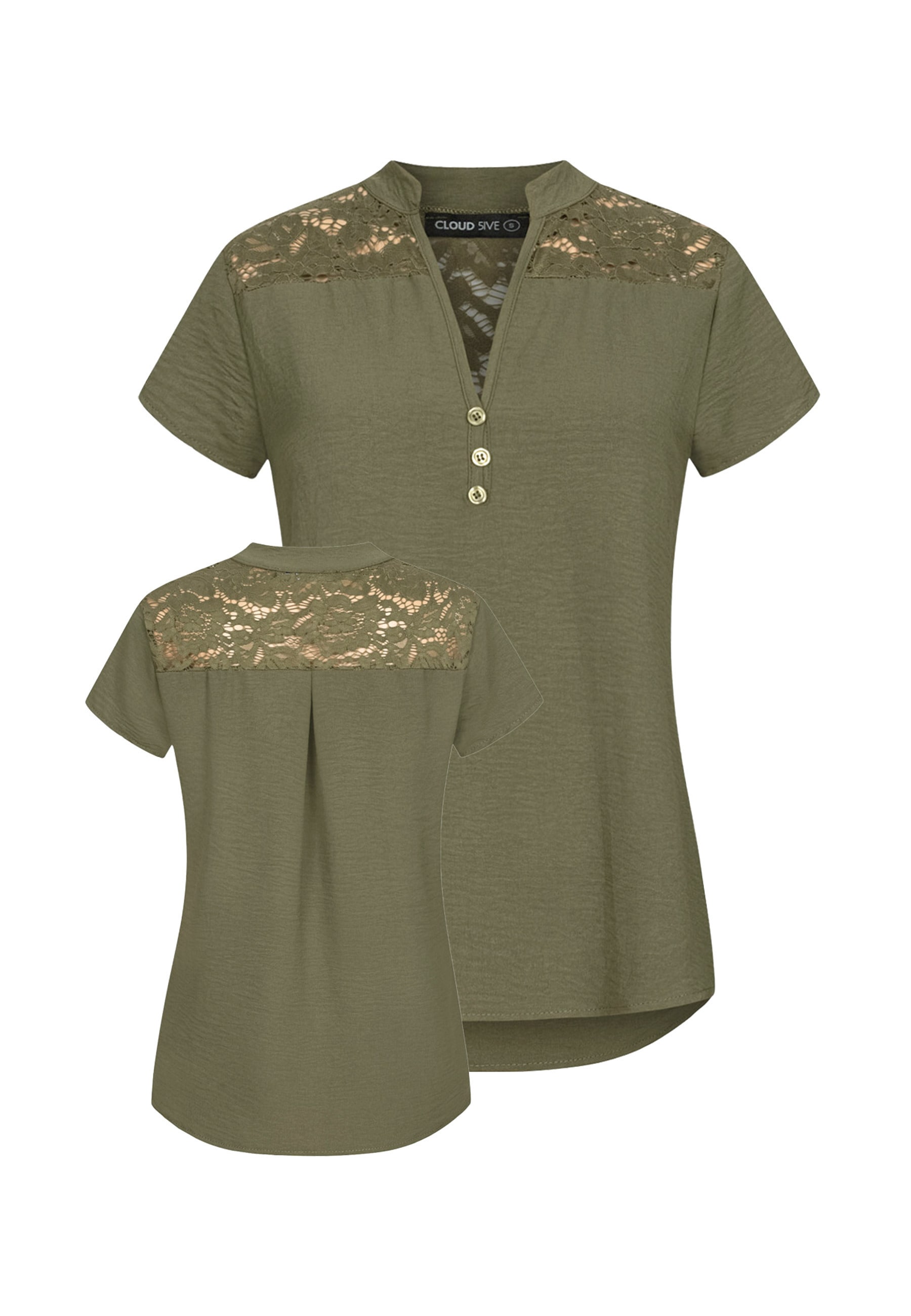 CLOUD 5IVE Klassische Bluse "CLOUD 5IVE Musselin Shirt V-Neck mit Deko Knopfleiste und Spitze"