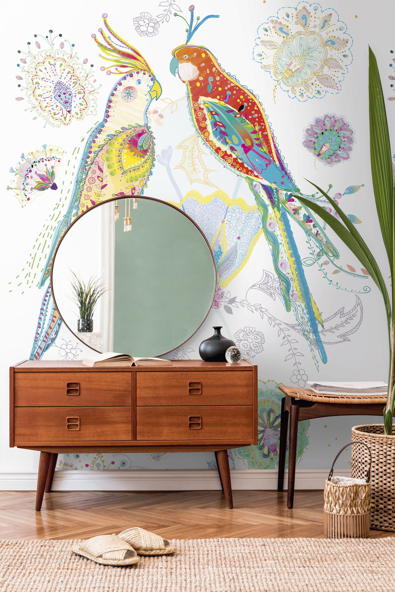 living walls "House of Turnowsky Fototapete Blumen" gemustert matt neutral glatt Vogeltapete Floral Tapeten Wohnzimmer Schlafzimmer Küche Design Optik