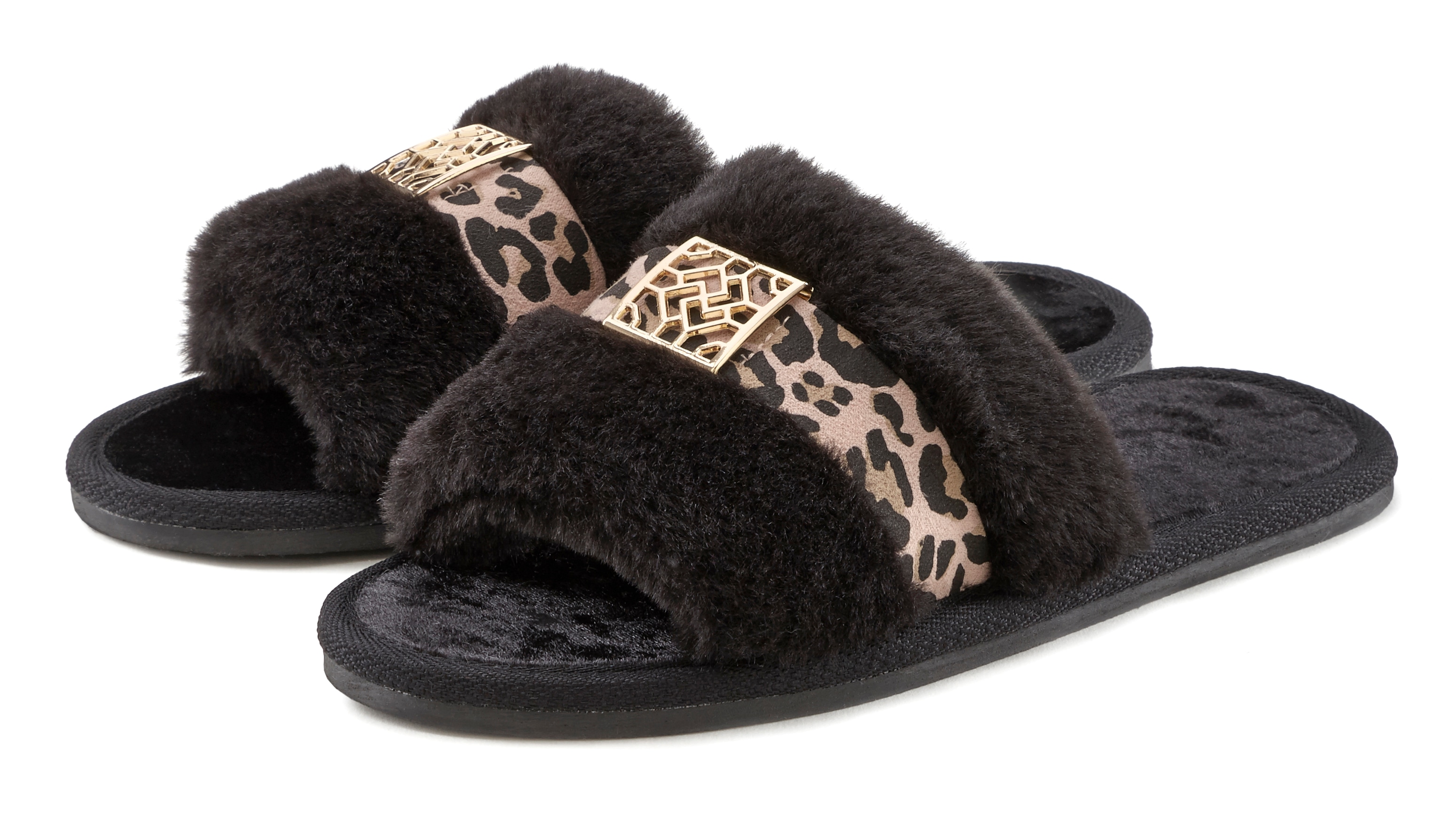 Vivance Dreams by Lascana Pantolette "Hausschuh, Plüschhausschuh," mit kuscheligem Fellimitat und Animal-Print VEGAN