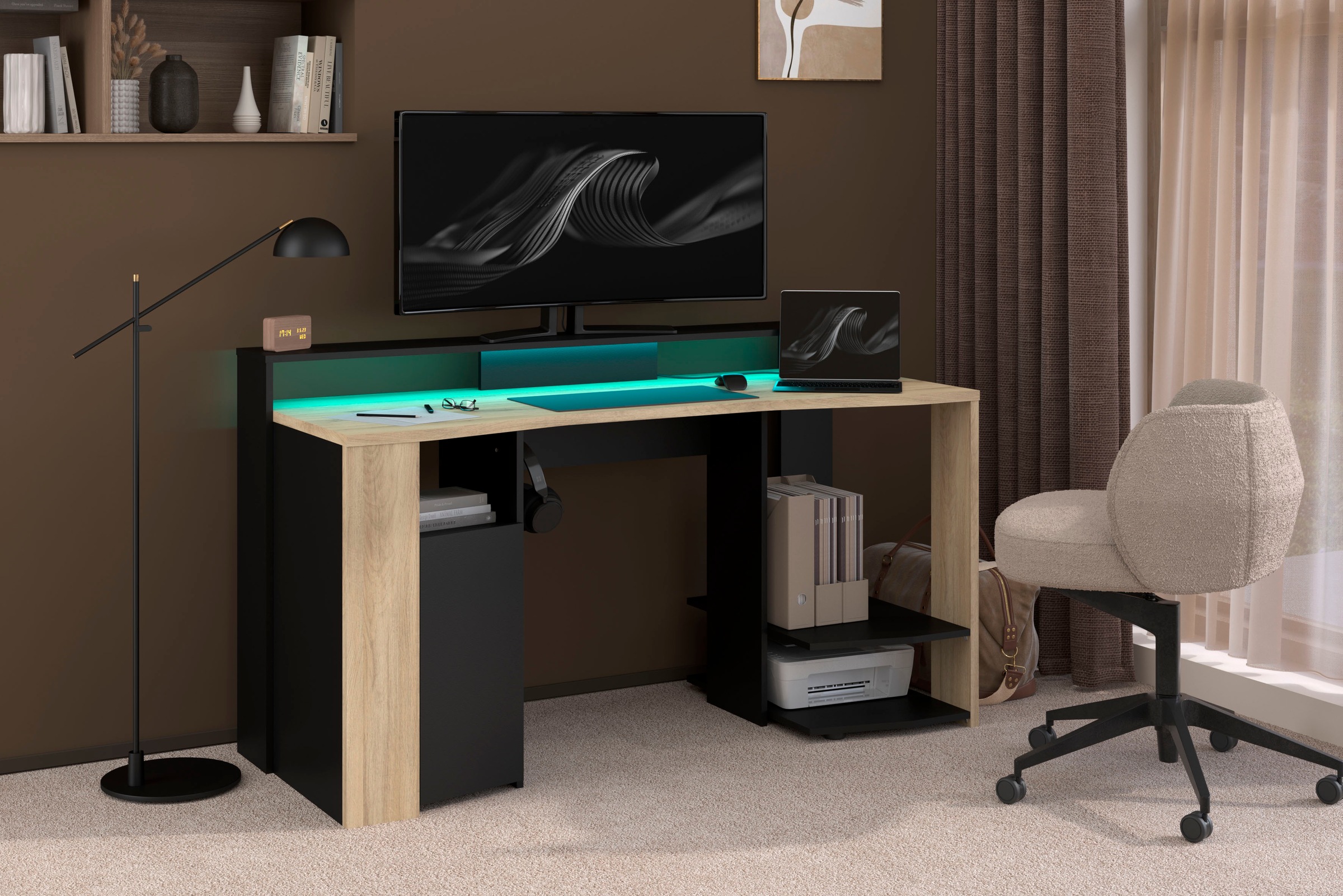 Bureau gamer PARISOT META chêne noir double niveau LED 152 x 61,5