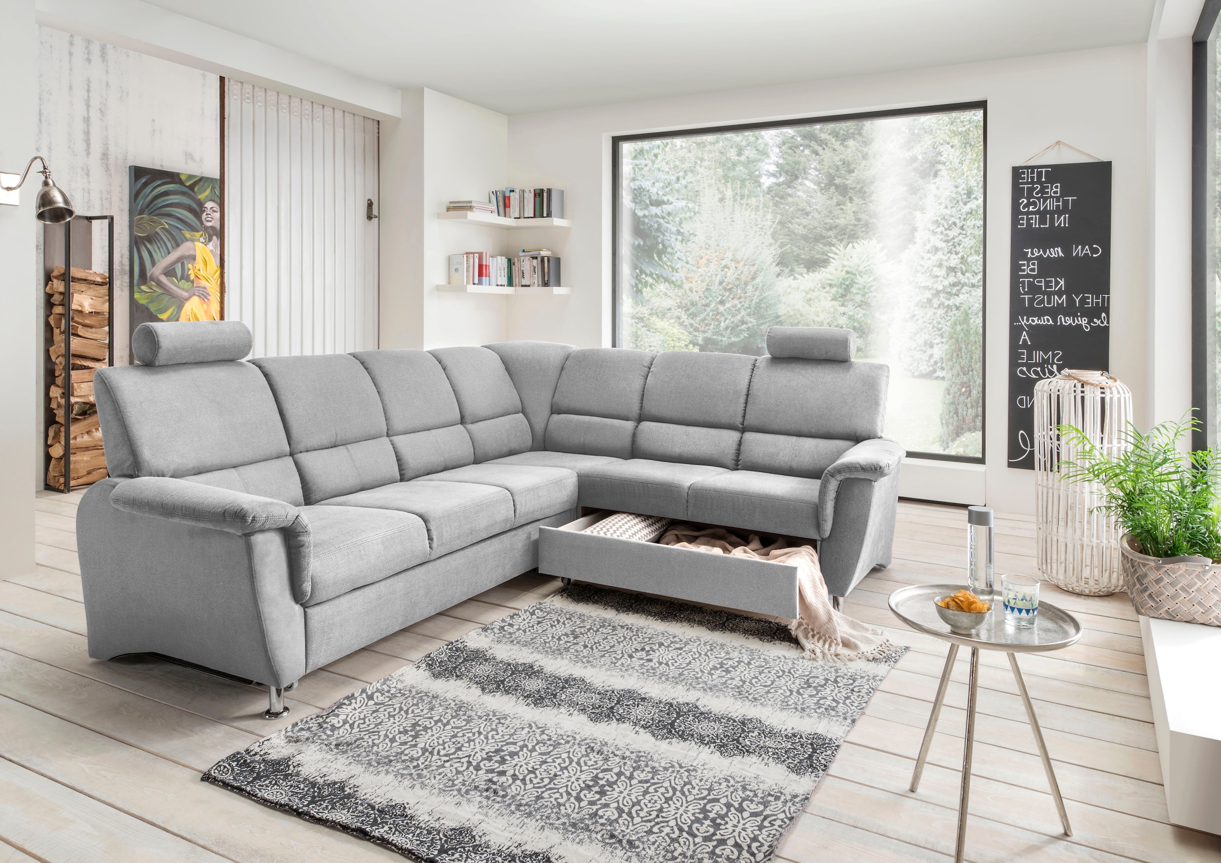 Home affaire Ecksofa »Pisa L-Form, mit Schlaffunktion, Stauraum, 2x höhenverstellbare«, Kopfstützen und Relaxfunktion im Eckelement