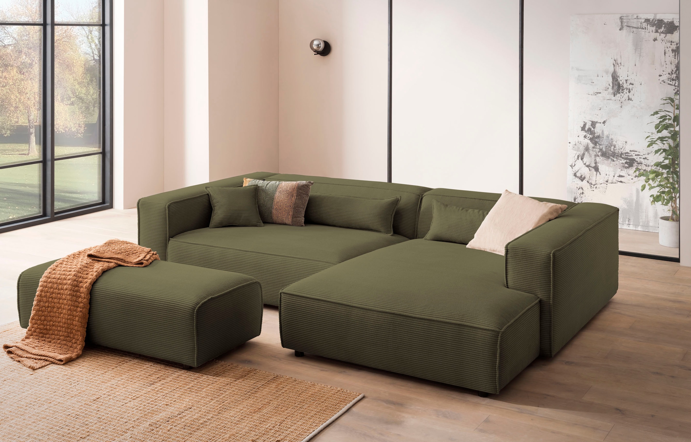 LeGer Home by Lena Gercke Hocker »PIARA, Polsterhocker mit Kedernaht in Cord oder Leinenoptik«, zur Serie PIARA, rechteckig, schwarze Füße, bequemer Sitzkomfort