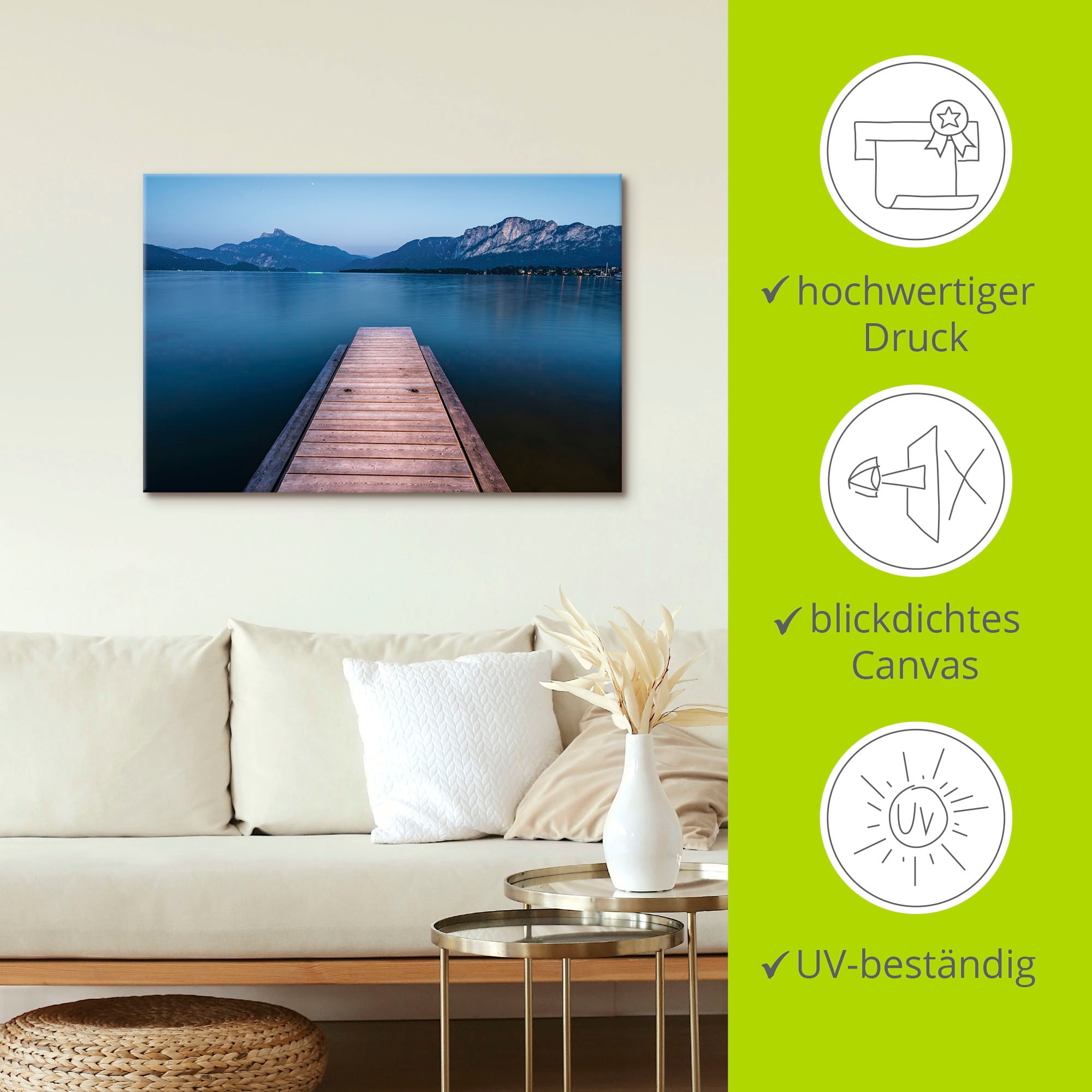 Artland Leinwandbild »Holzsteg mit Blick auf den Mondsee«, Seebilder, (1 St.), auf Keilrahmen gespannt