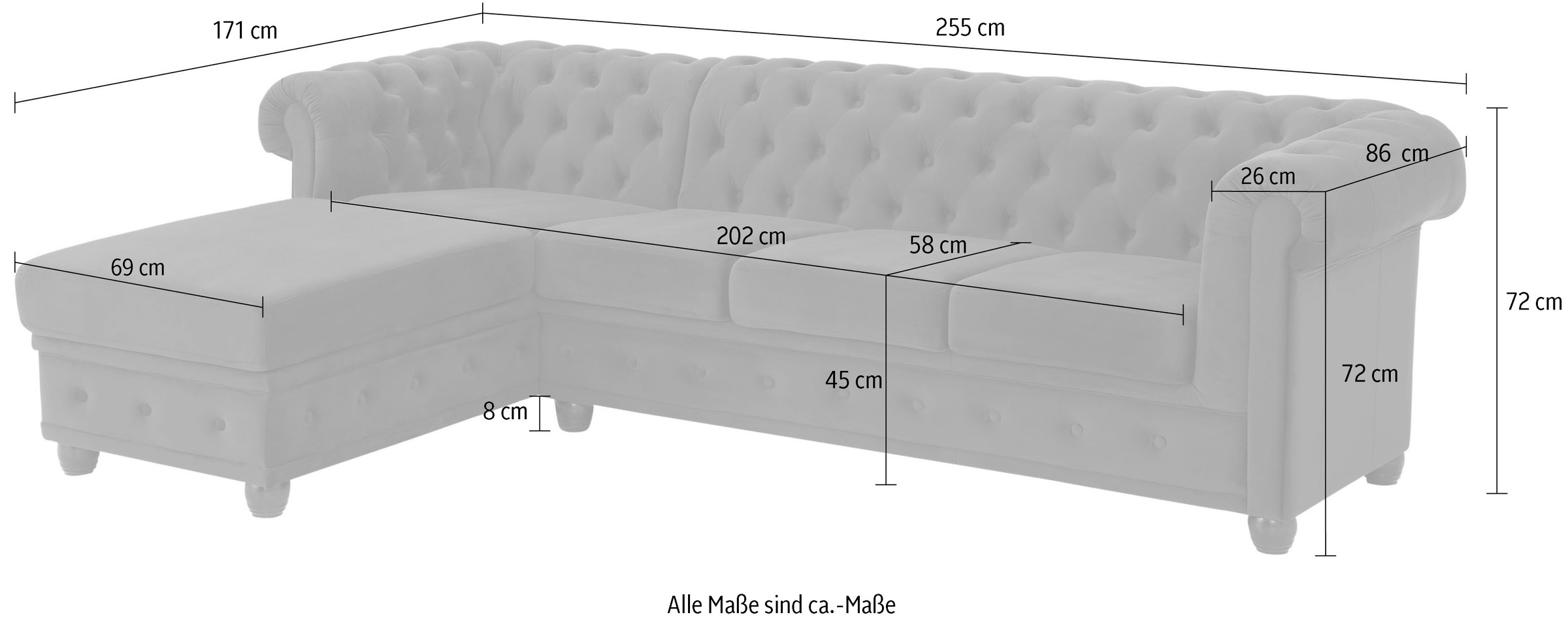 Home affaire Chesterfield-Sofa »New Castle L-Form«, hochwertige Knopfheftung in Chesterfield-Design, B/T/H: 255(171/72)