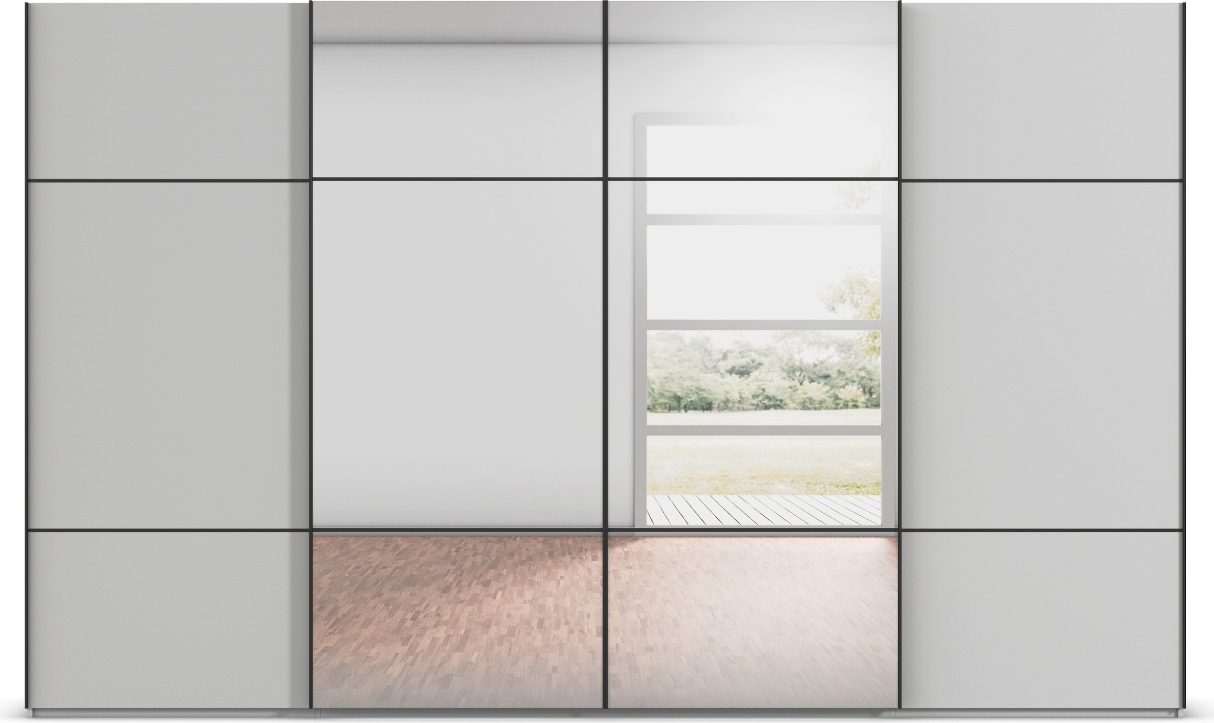 rauch Schwebetürenschrank »Kleiderschrank Schrank Garderobe Schlafzimmerschrank SCALE-TRIO«, edle dreigeteilte Front mit 2 Zierleisten und Spiegel MADE IN GERMANY