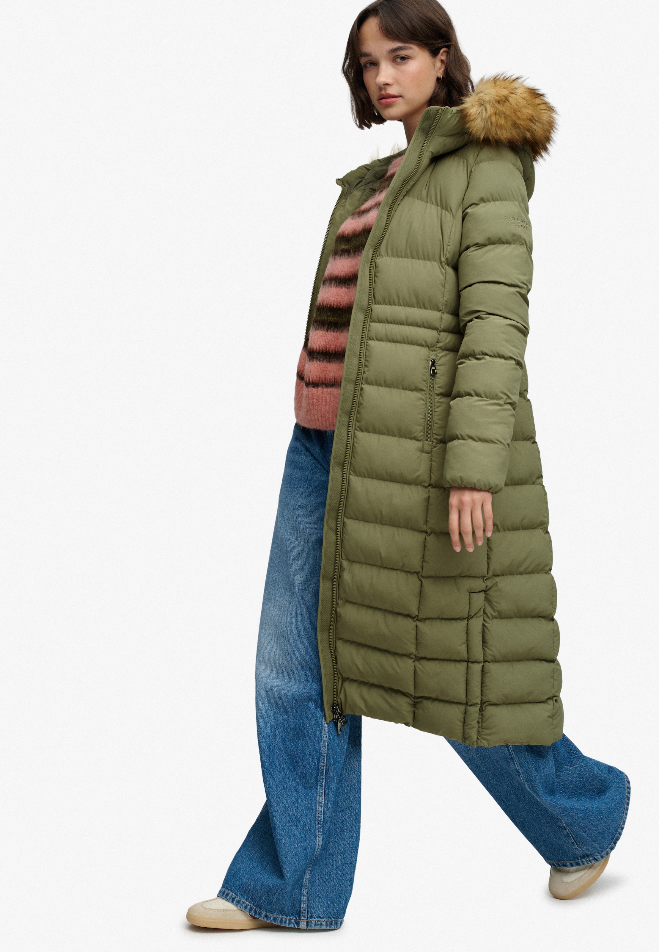 Superdry Steppjacke »HOODED FAUX FUR FUJI LONGLINE« mit Kapuze Kunstfaser, slim fit