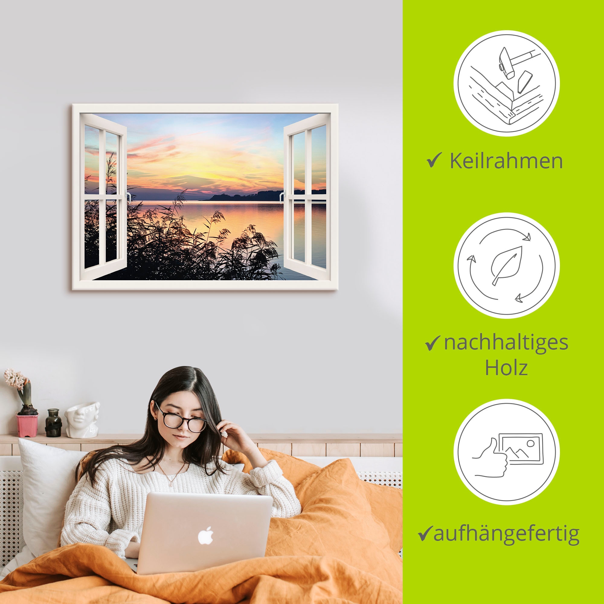 Artland Leinwandbild »Fensterblick - Abendrot im Schilf, weiß«, Fensterblick, (1 St.), auf Keilrahmen gespannt