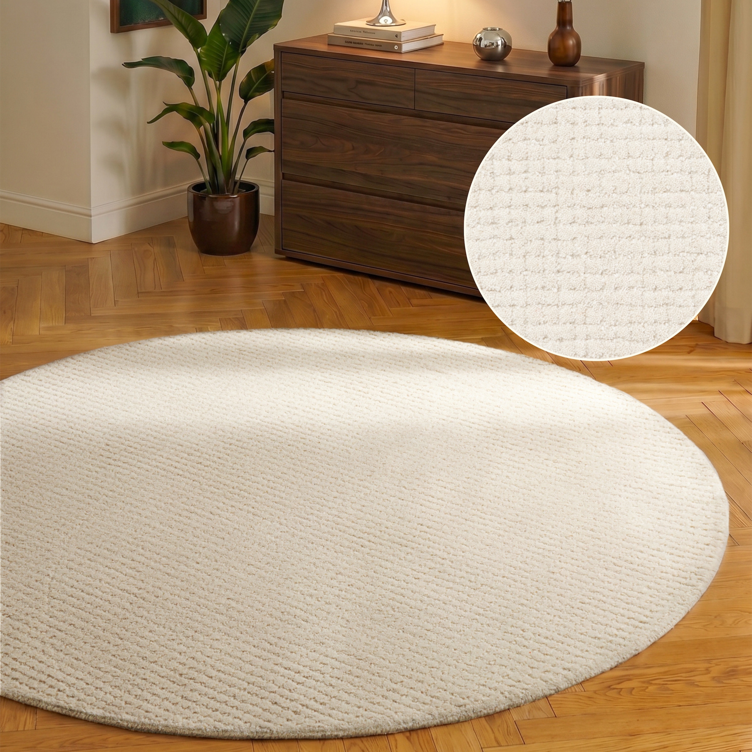 HANSE Home Wollteppich "Eloise" rund 17 mm Höhe Wolle, Naturteppich, Handgemacht, Wohnzimmer, Schlafzimmer, Hygge