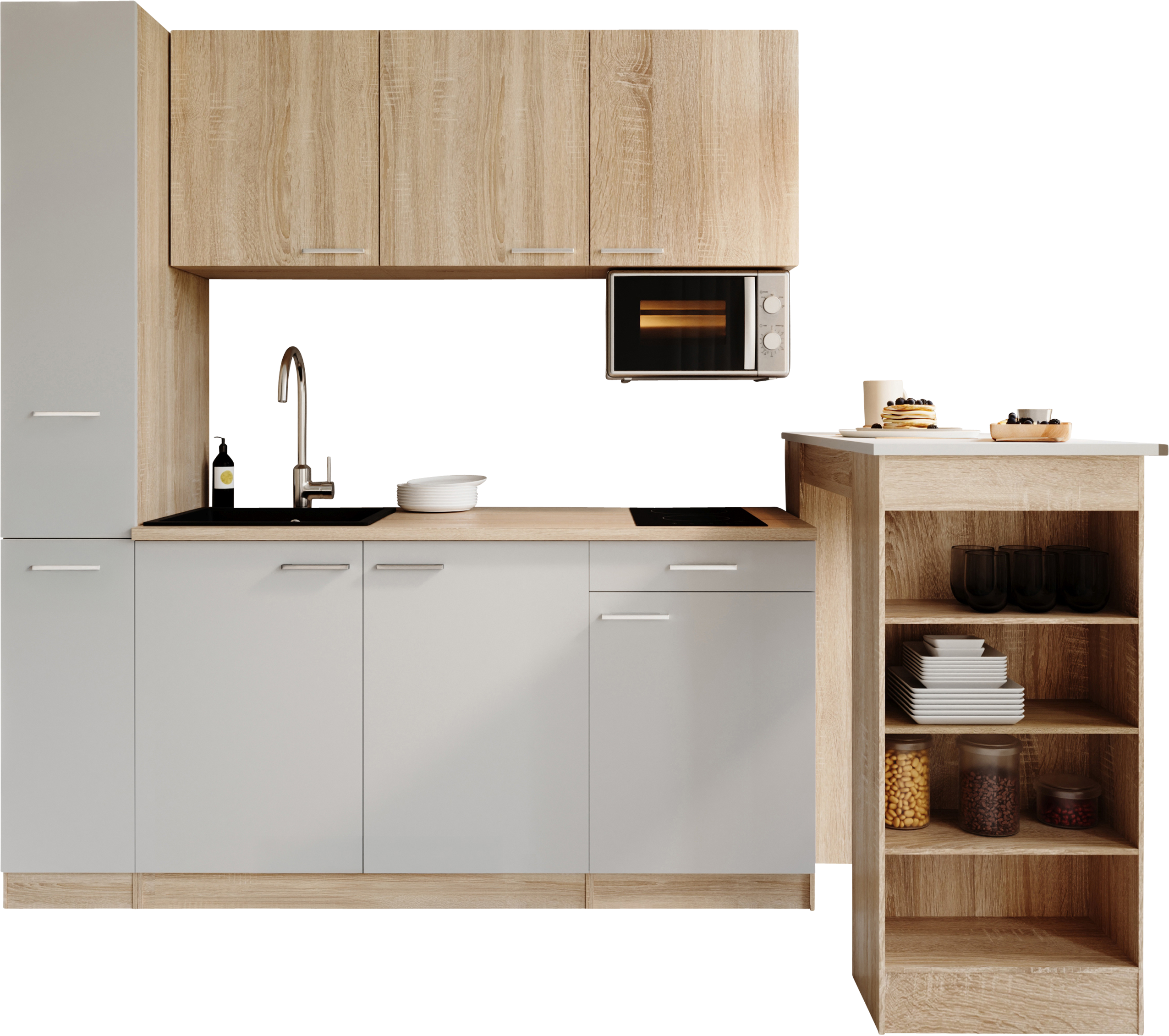 RESPEKTA Küchenzeile "Ingrid, inkl. Tresentisch und Mikrowelle" zerlegt, wahlweise mit Kühlschrank, Soft-Close-Funktion, Breite 180 cm