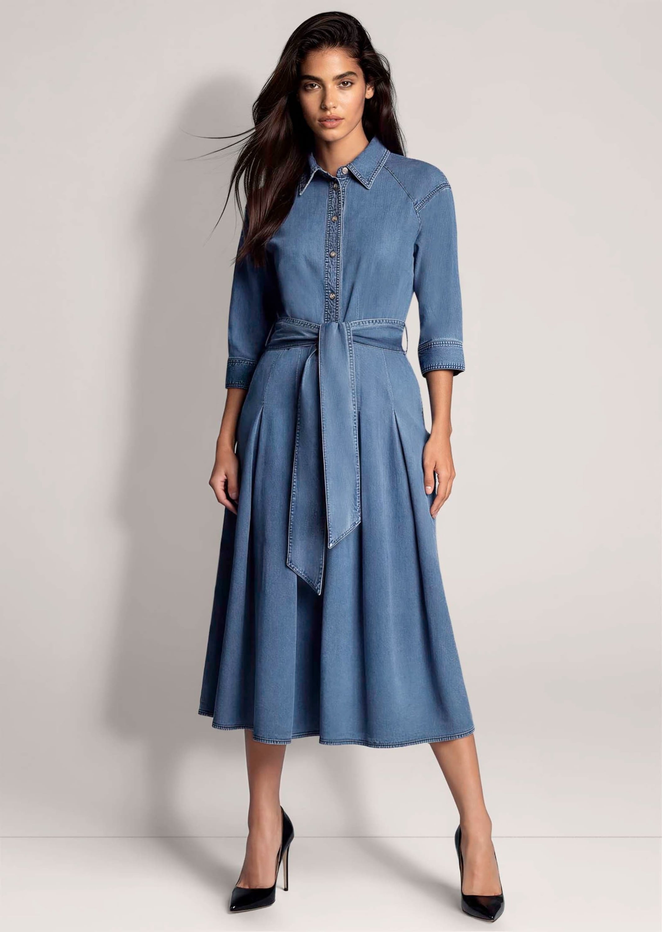 MADELEINE Midikleid »Kleid Jeanskleid mit Kellerfalten« Nahttasche