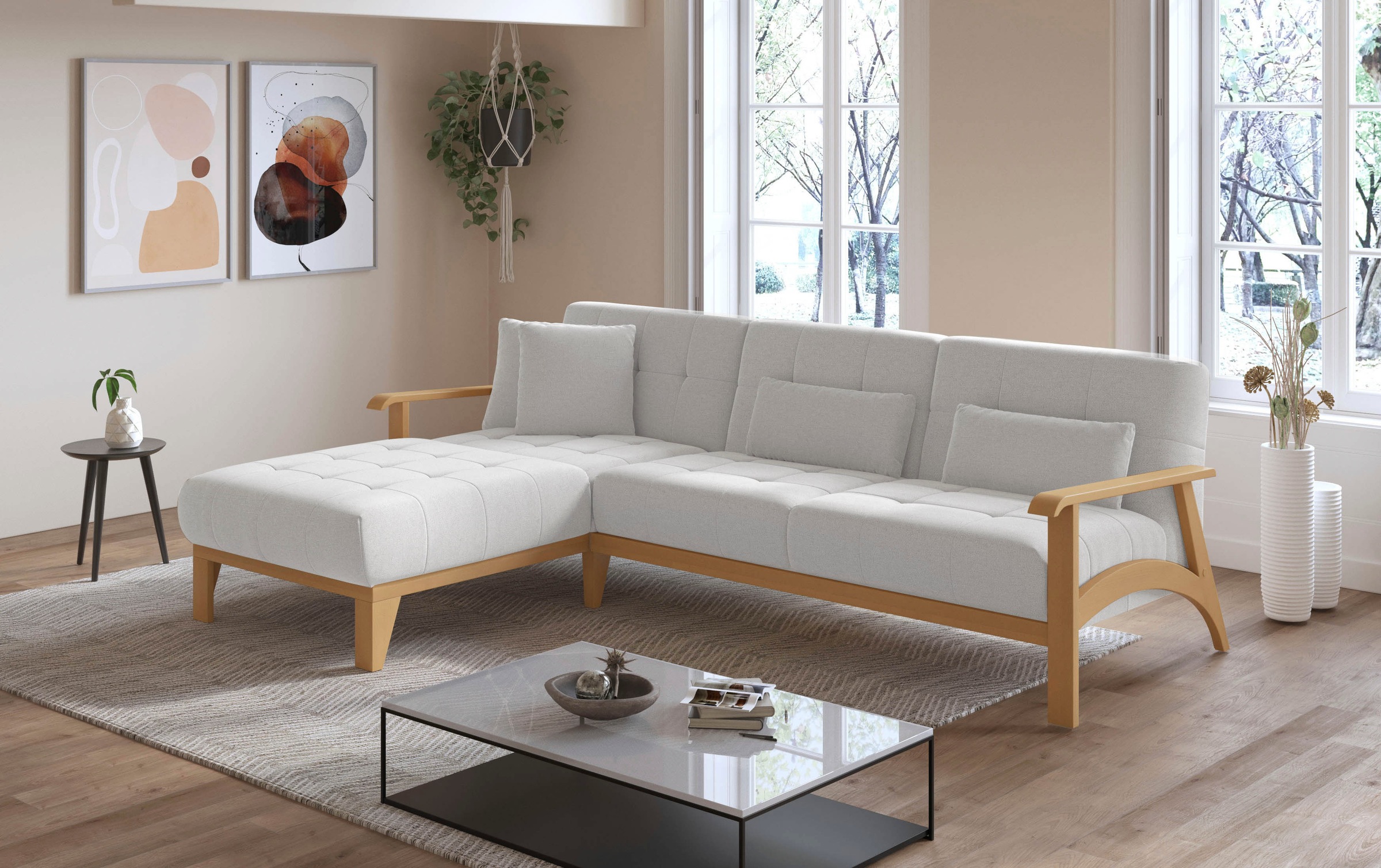sit&more Ecksofa »Billund L-Form«, Armlehnen aus eichefarbigem Buchenholz, verschiedene Bezüge und Farben