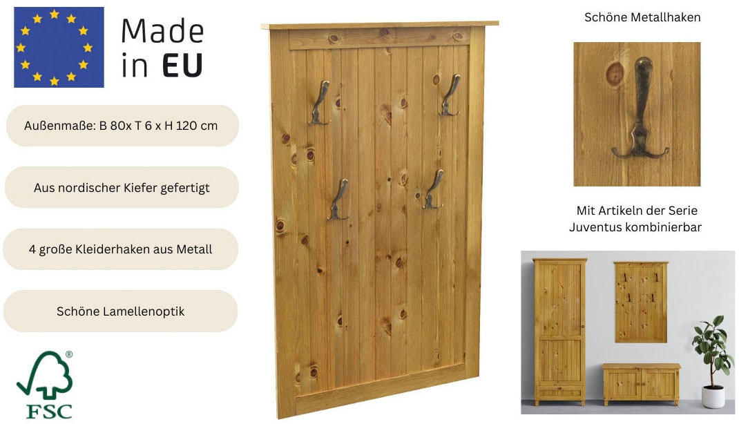 Home affaire Garderobenpaneel »Juventus« 1 Stk. tlg. aus massiver Kiefer, 4 Doppelhaken