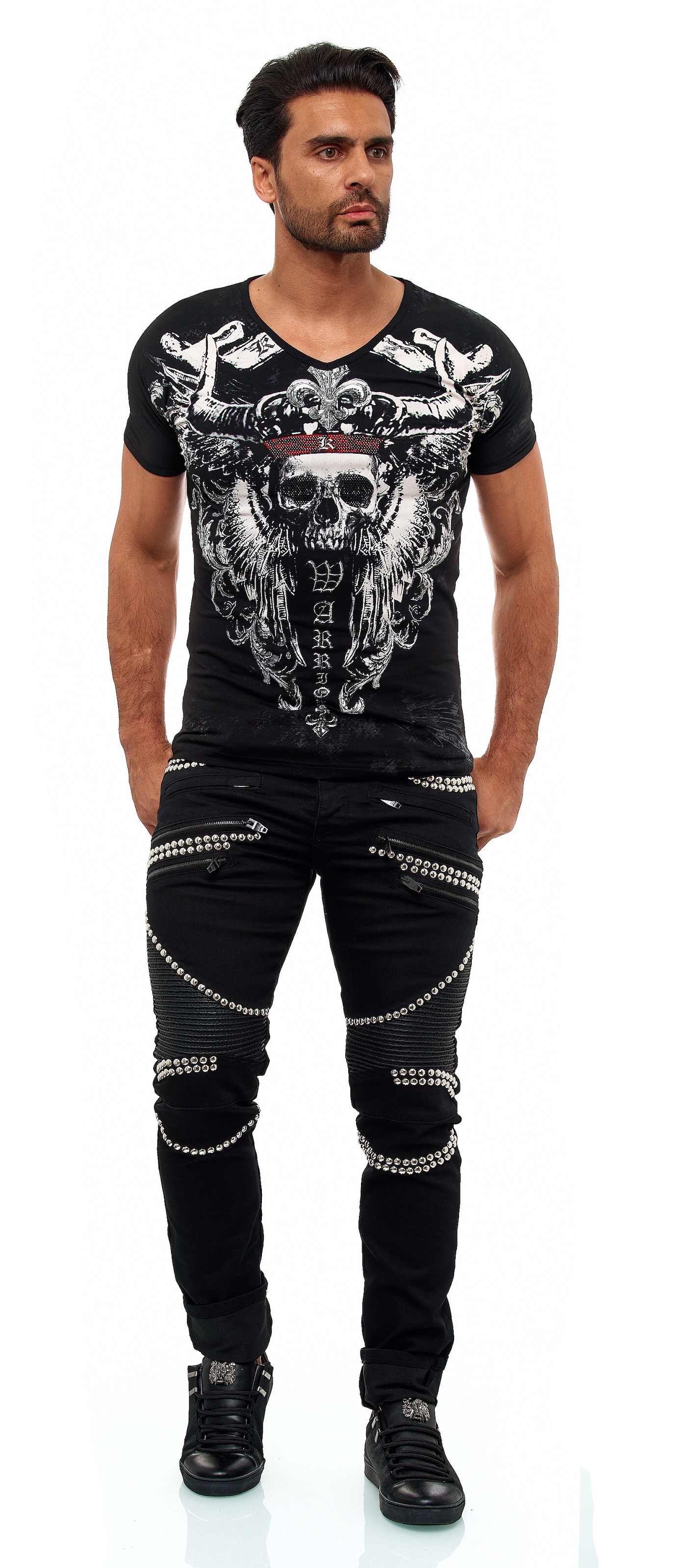 KINGZ Slim-fit-Jeans, im Patchwork Biker-Stil