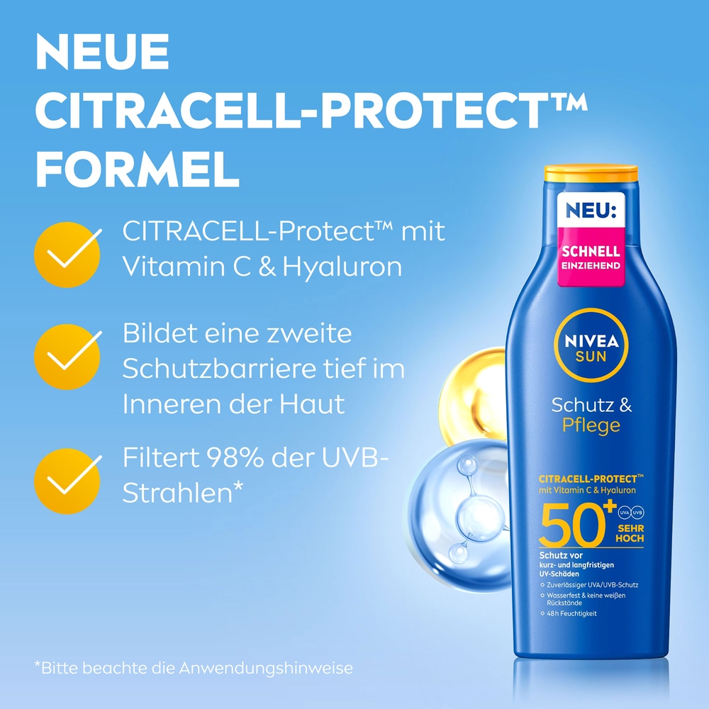 Nivea Sun Sonnenschutzlotion »Schutz & Pflege Lotion LSF50+ mit Labello Sun Gratis« mit Vitamin C & Hyaluron für doppelten Zellschutz