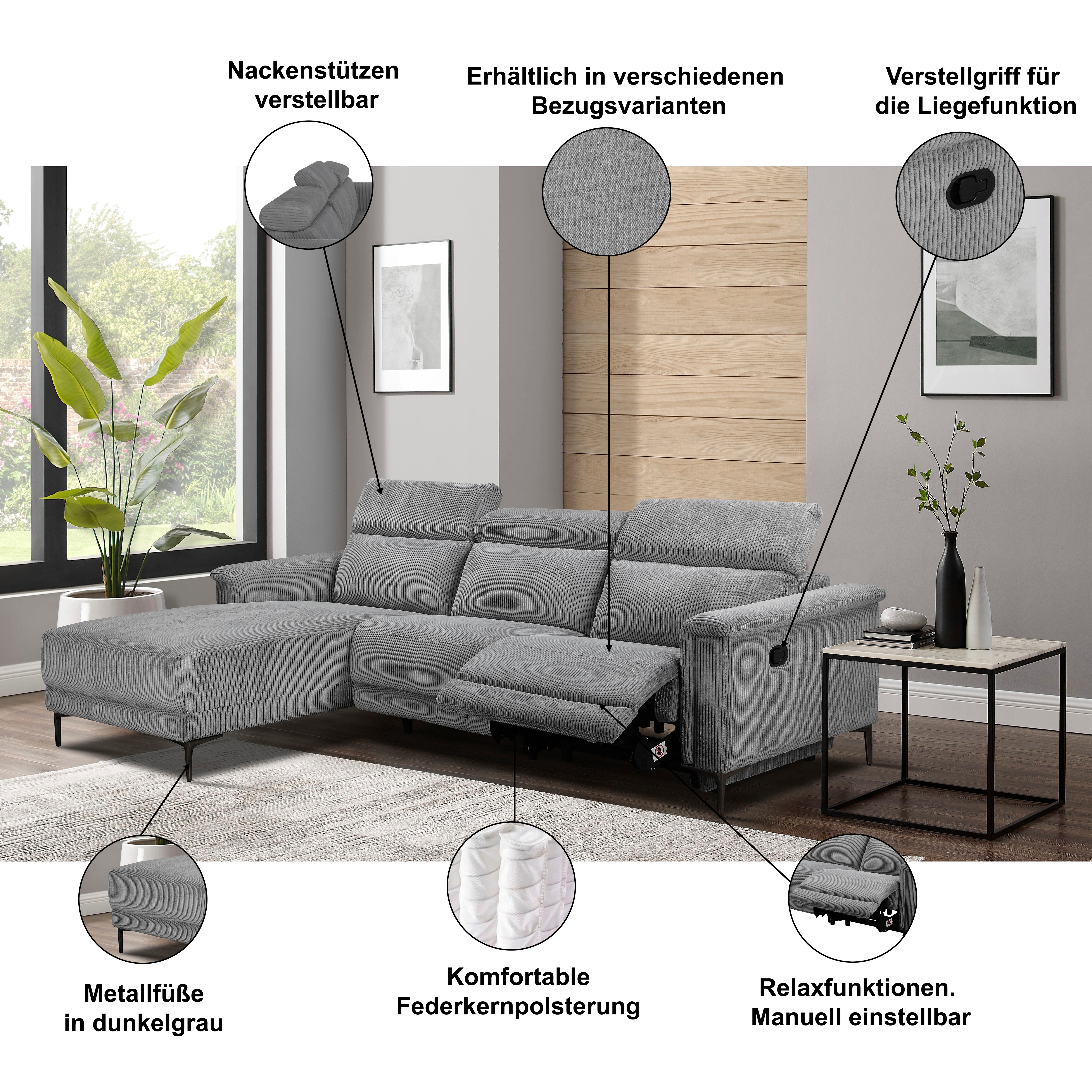 Thumbnail - Home affaire Ecksofa "Lund Cord, L-Form, 261 cm, manuelle und elektr. Relaxfunktion," USB-C und Kopfteilverstellung