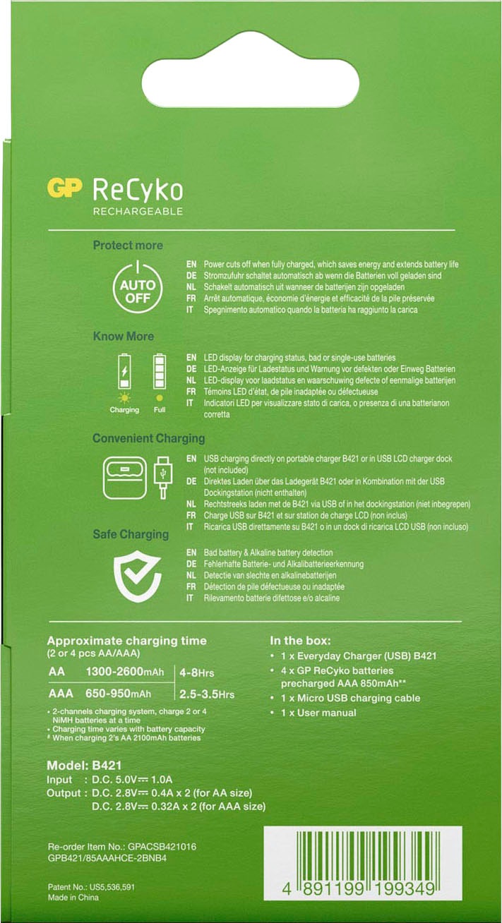 GP Batteries Akku-Ladestation »USB-Akkuladegerät B421 inkl. 4x ReCyko AAA Akkus je 850 mAh«