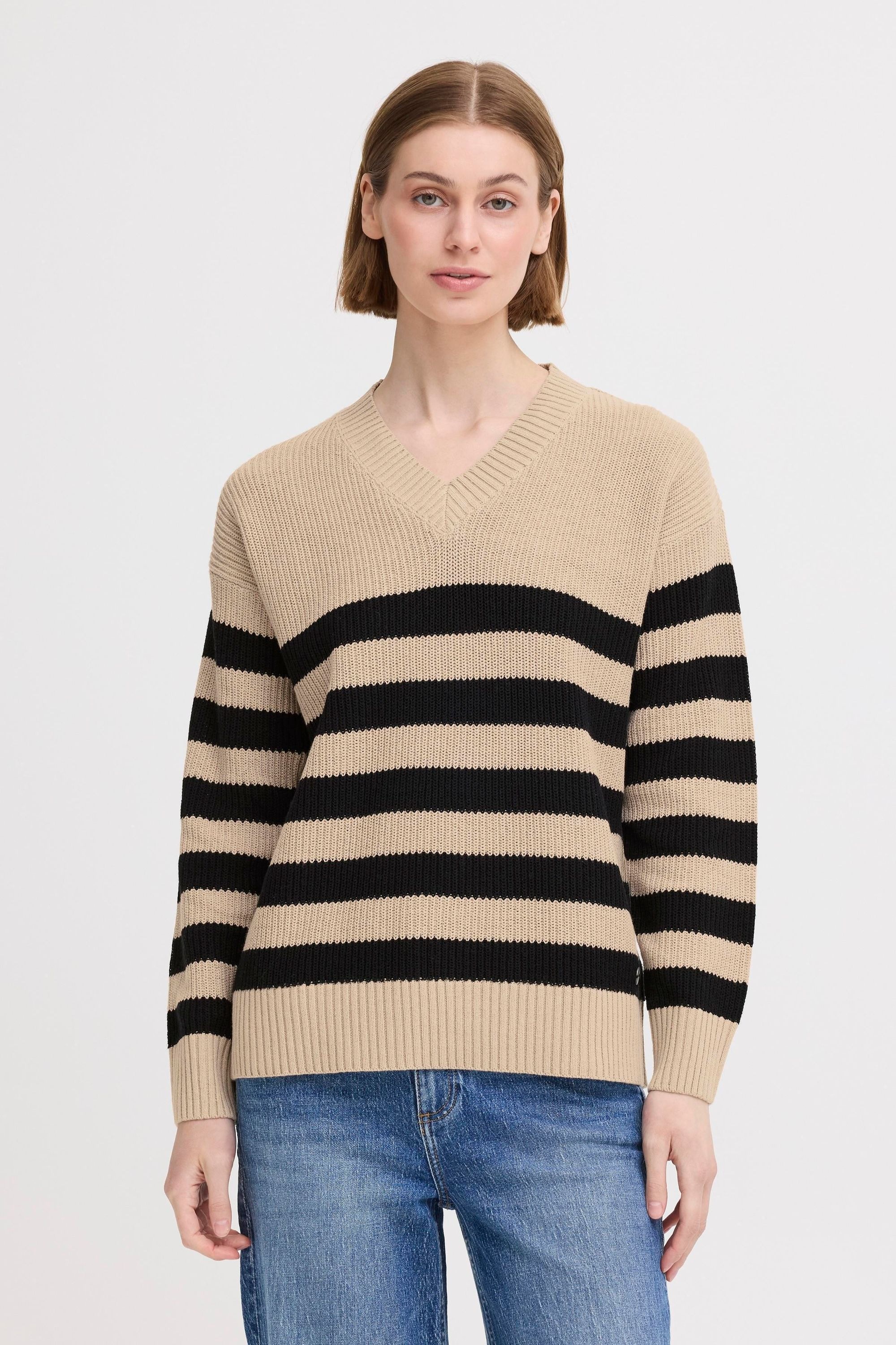 V-Ausschnitt-Pullover OXMO "V-Ausschnitt-Pullover OXKalane", Damen, Gr. S, beige (dune), Obermaterial: 70% Baumwolle CO recyc.. 30% Polyester Pol. recyc.., Pullover 2