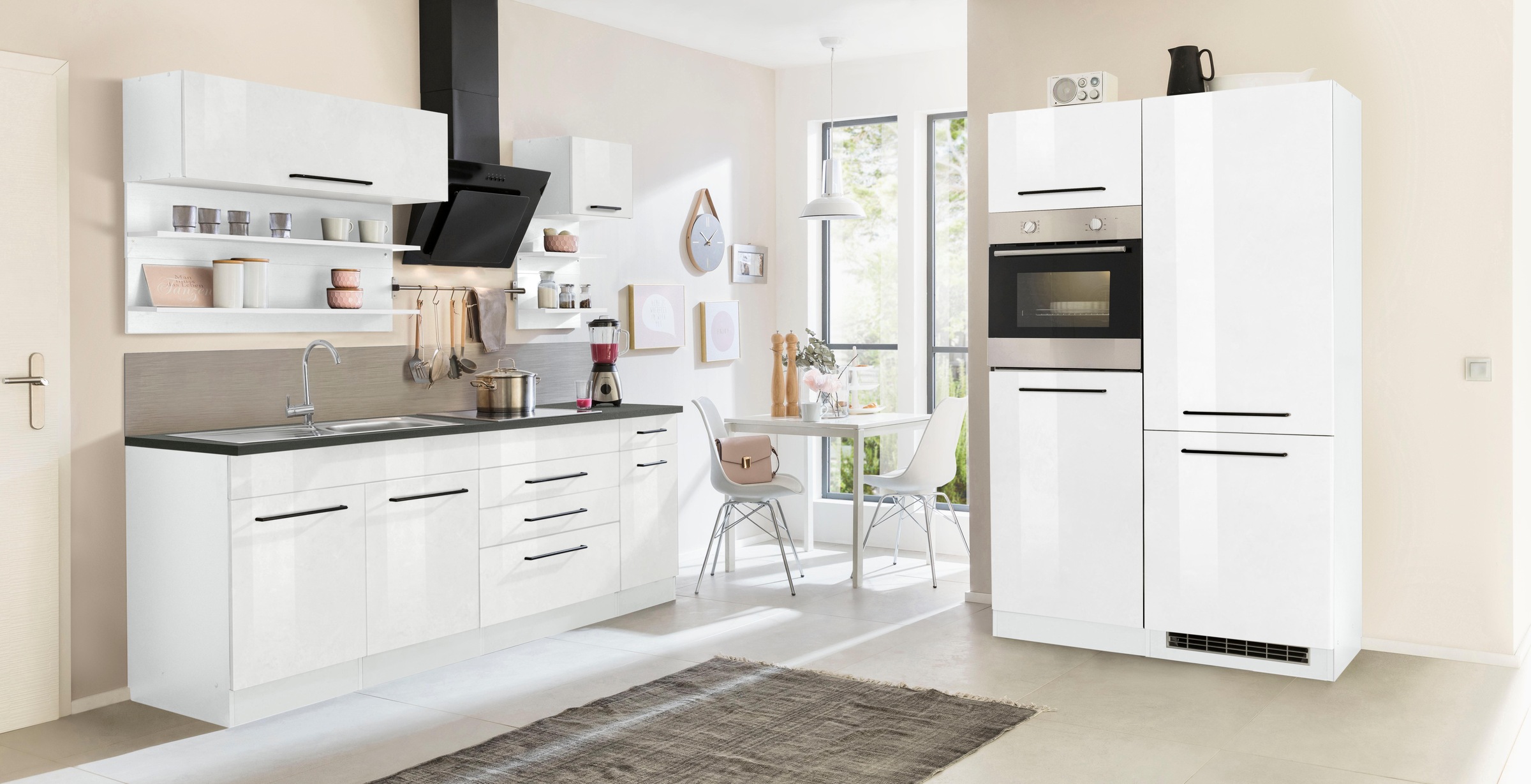 KOCHSTATION Küchenzeile »KS-Tulsa« mit E-Geräten, Breite 350 cm, schwarze Metallgriffe, MDF Fronten