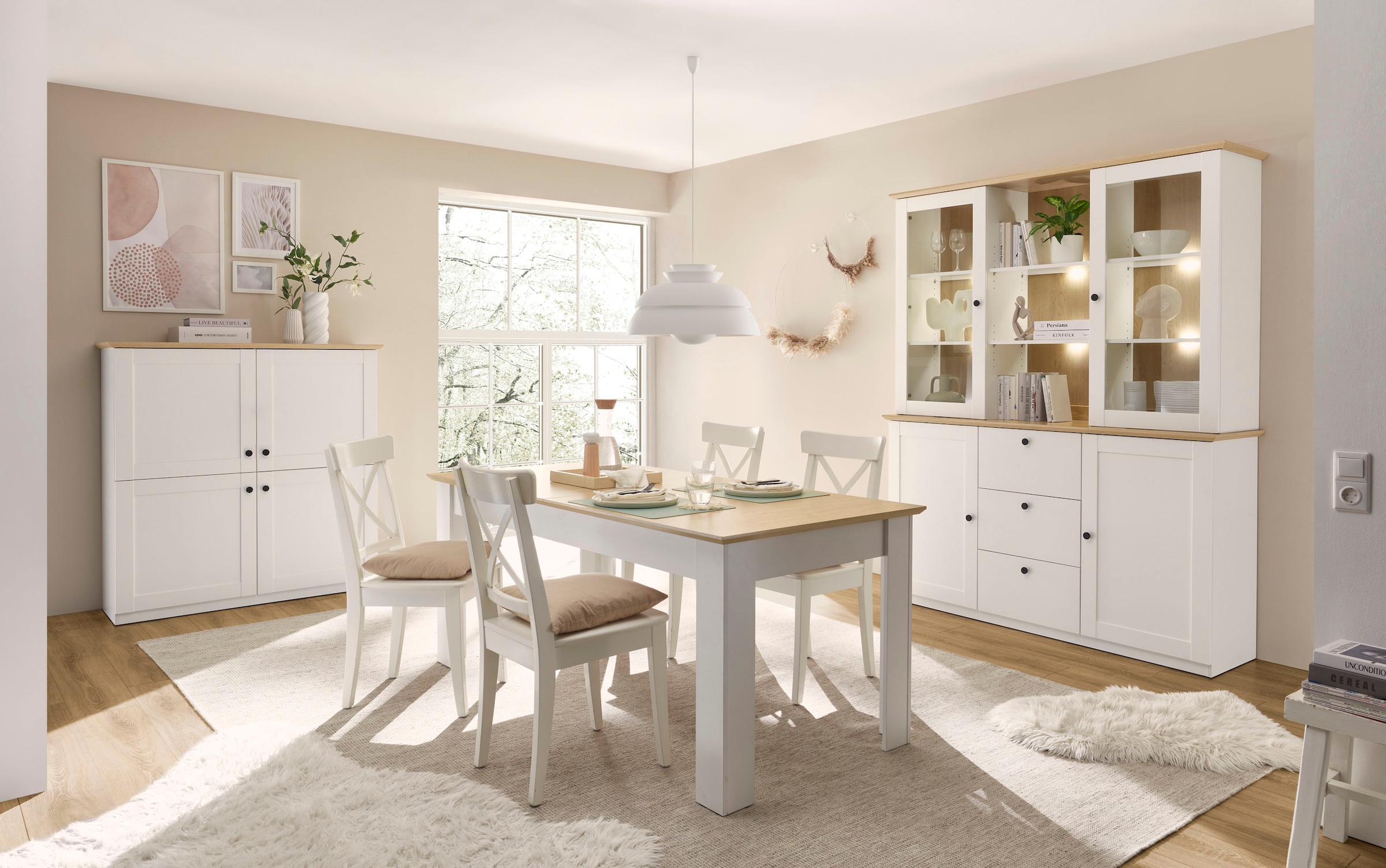 OTTO home Highboard »Brest, Schrank im Landhausstil, Wohnzimmerschrank, Mehrzweckschrank« schwarze Metallgriffe, ausreichend Stauraum, 128 cm hoch