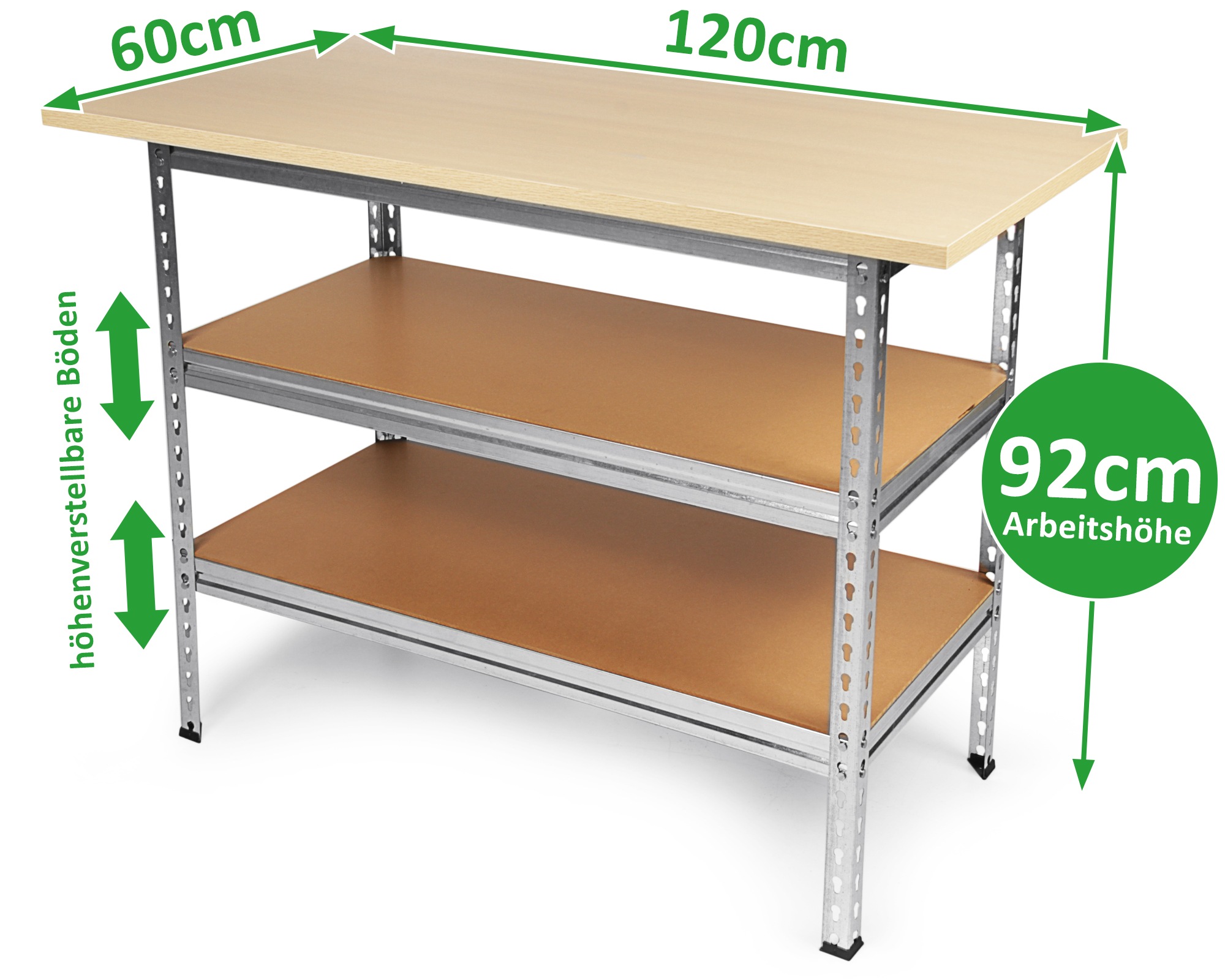 ONDIS24 Werkbank »»Uwe««, (1 tlg.), Metall-Werkbank 120 x 60 x 92 (H) cm, Arbeitsplatte 25 mm stark