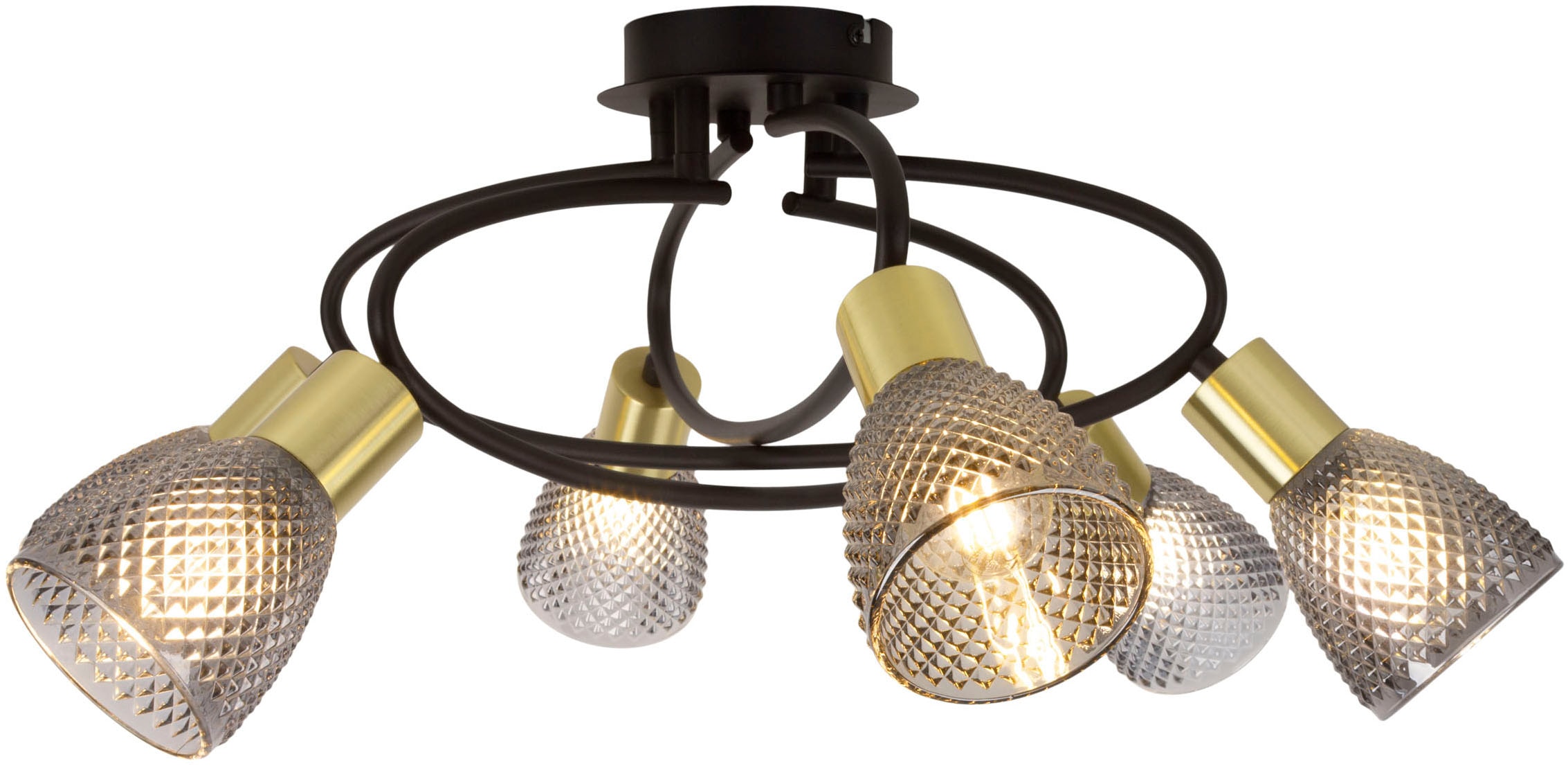 näve Deckenleuchte »Lindita« E14 1 Stk. 6er Spot, Relief-Glasschirm smokey, Gestell messing matt, 6x E14 exkl.