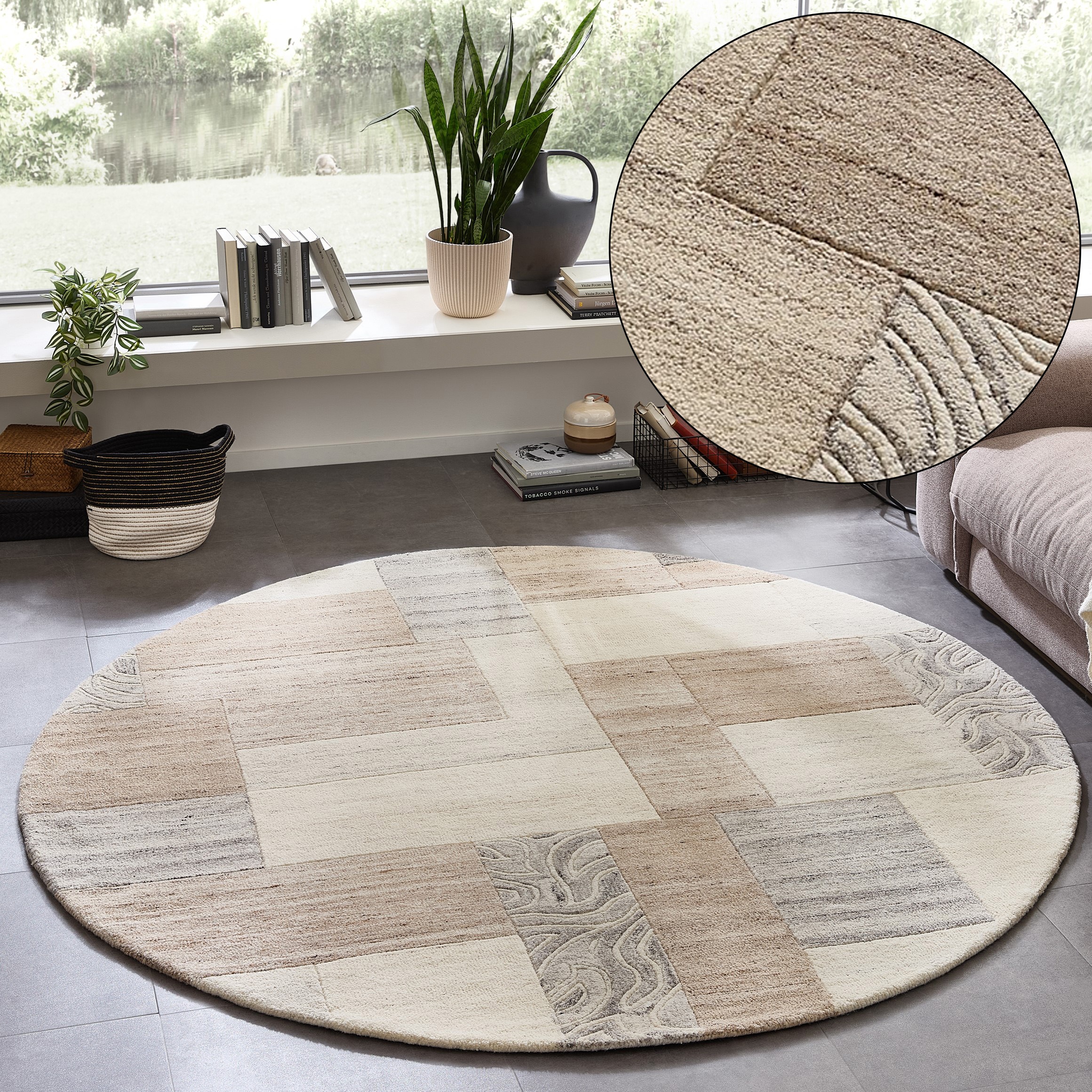 THEKO Wollteppich "Lola, Wolle, handgearbeitet, Patchwork Design" rund 12 mm Höhe handgetuftet, Wohnzimmer, Schlafzimmer, Esszimmer