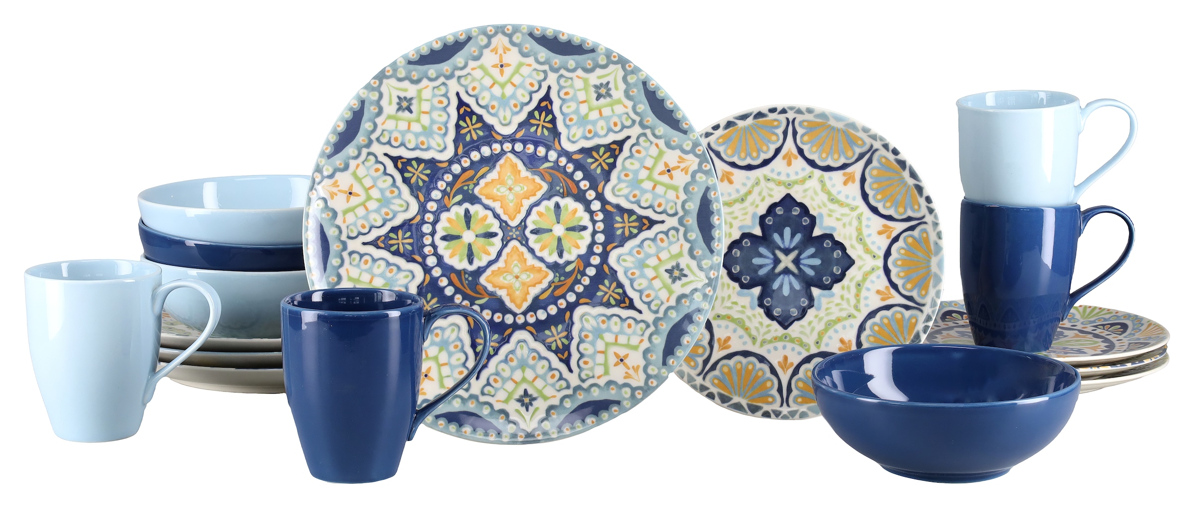 CreaTable Kombiservice "Patio, Geschirr-Set, 16-tlg." Hellblaue und blaue Farbglasuren, Hochwertiges Steinzeug