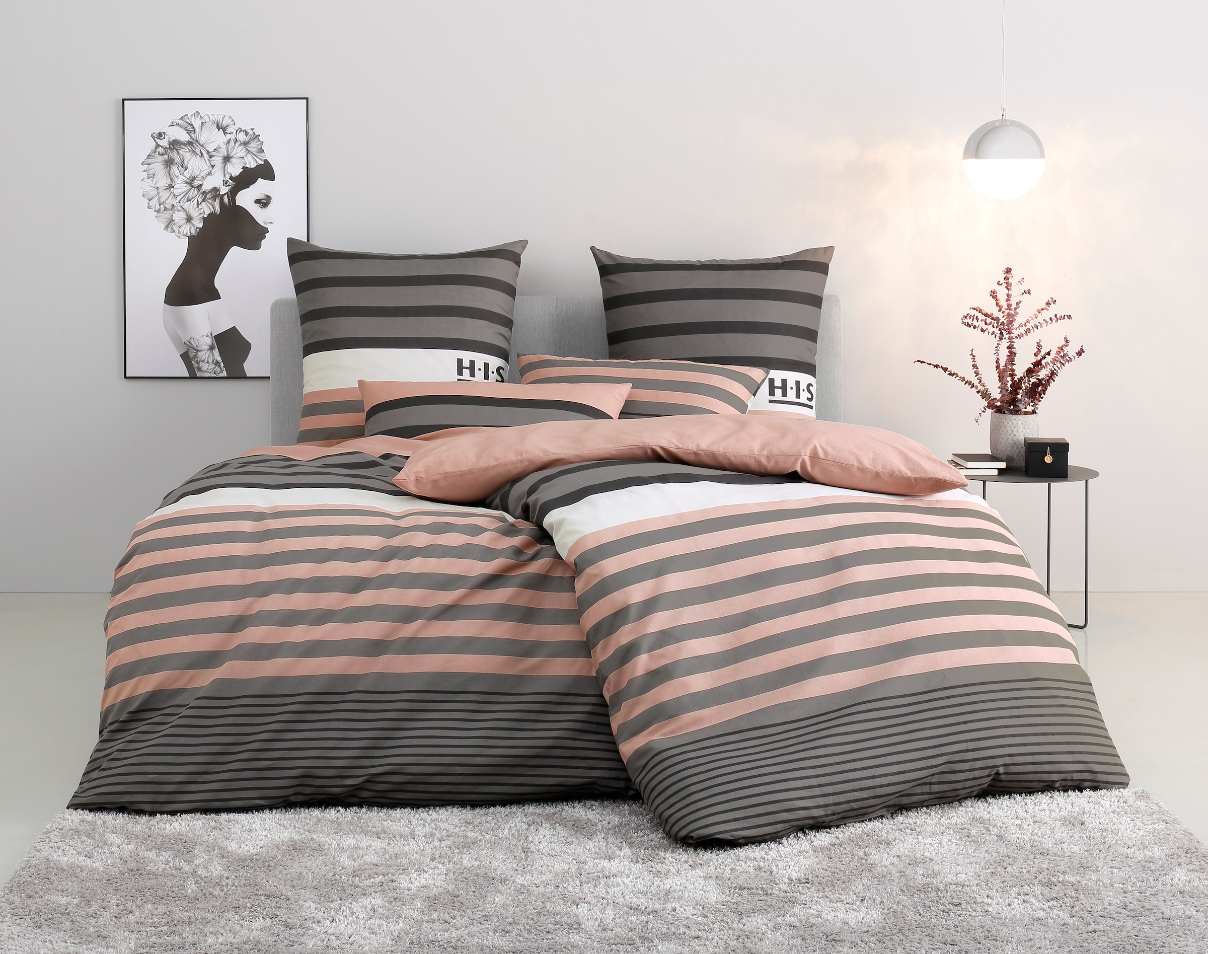 Bettwäsche H.I.S, rot, Biber, Obermaterial: 100% Baumwolle, Bettwäsche, "Majoran", gestreifte Bettwäsche in verschiedenen Qualitäten