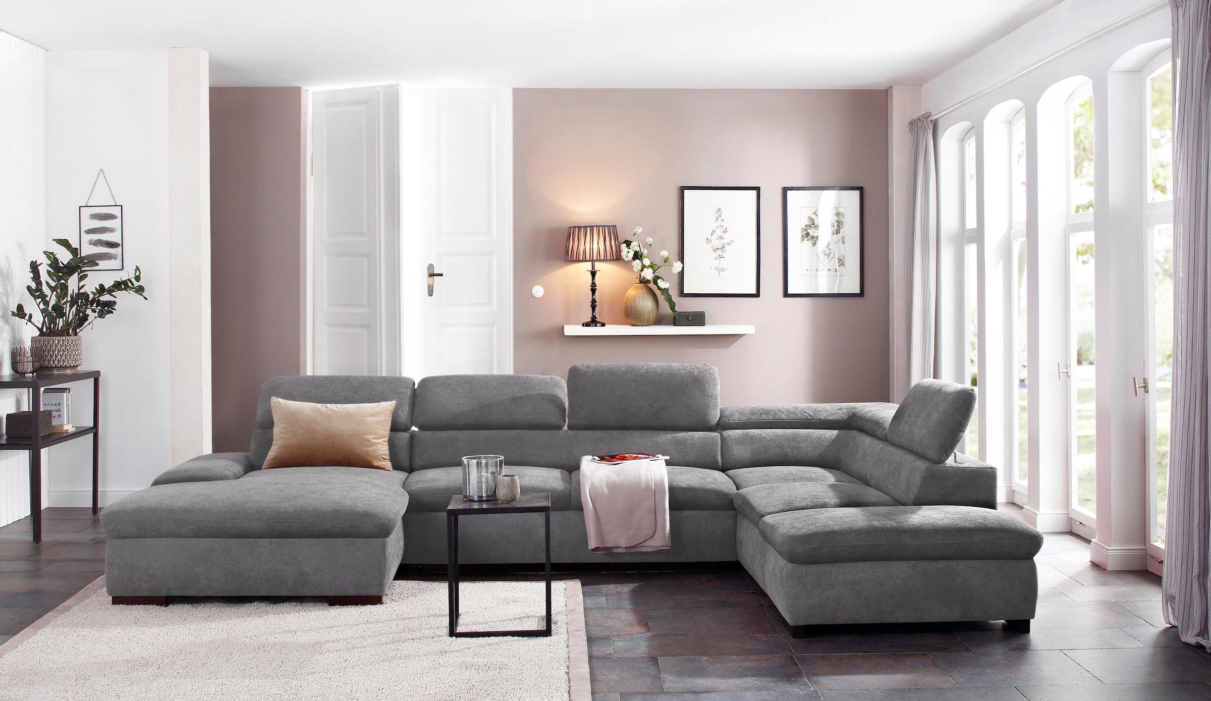 OTTO home Wohnlandschaft "Alberto U-Form, B: 350 cm, mit Kopfteilverstellung, XXL-Sofa" mit Schlaffunktion, Couch mit Lederoption