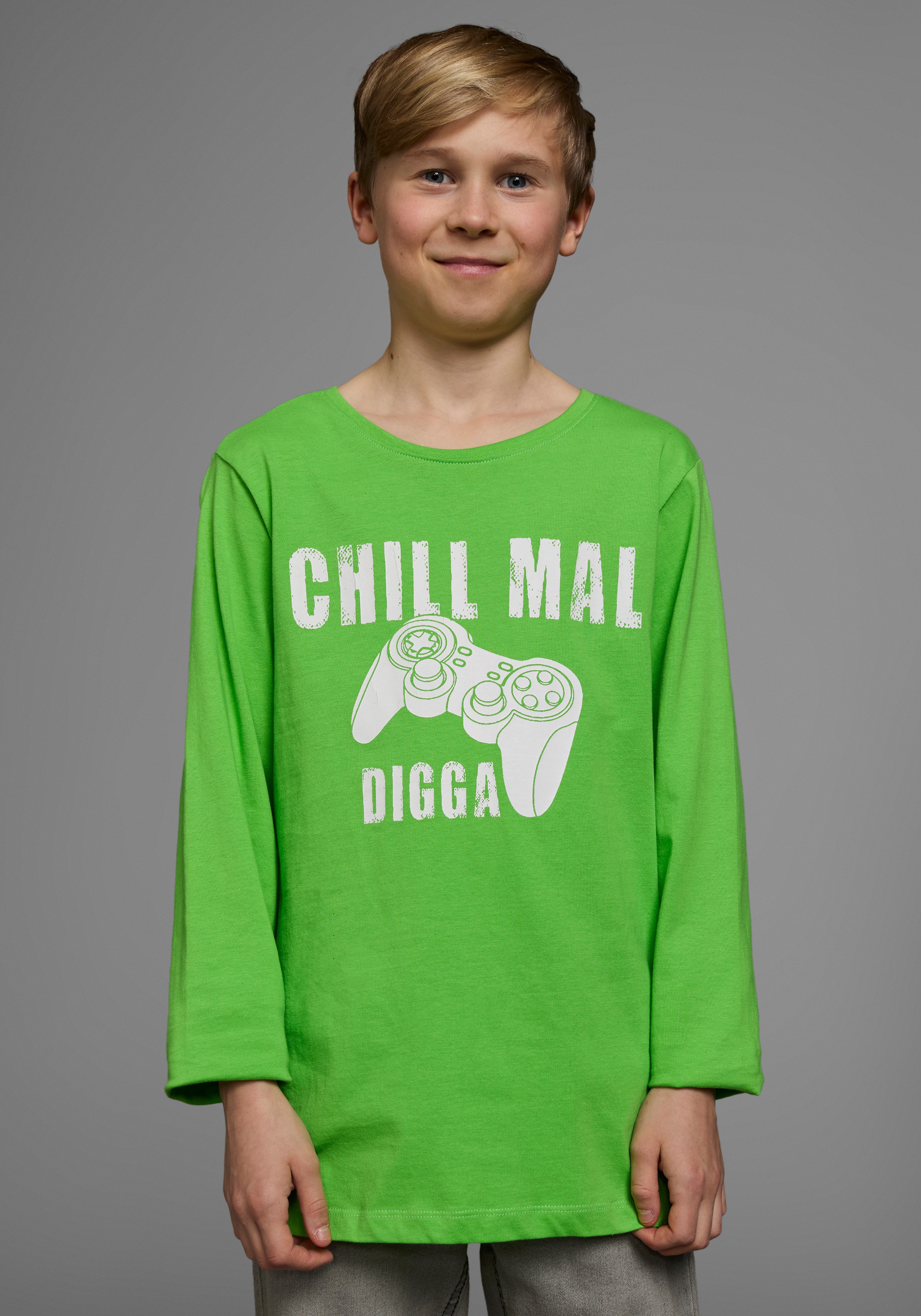 Thumbnail - KIDSWORLD Langarmshirt "CHILL MAL DIGGA" Langarm, Basic-Passform, mit peppigem Aufdruck