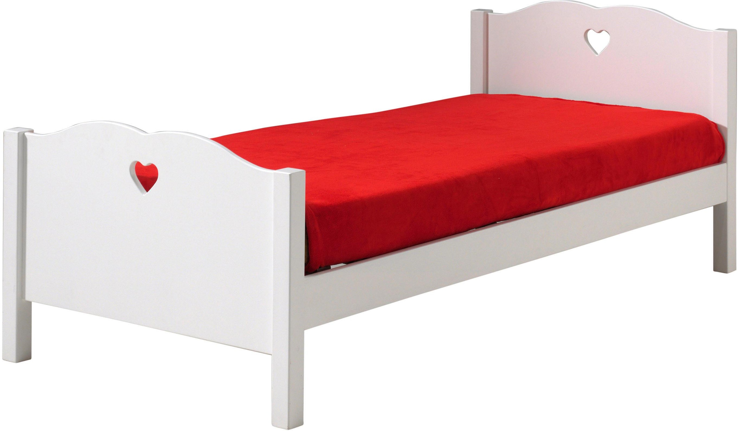 Vipack Kinderbett »Amori, mit nostalgischer Herz-Optik, geschwunges Kopf- und Fußteil«, (B/H/T ca. 212x80x96cm, Weiß lackiert mit Herz-Ausschnitt), Metallwinkel als Rahmenauflage, nur für festen Lattenrost geeignet
