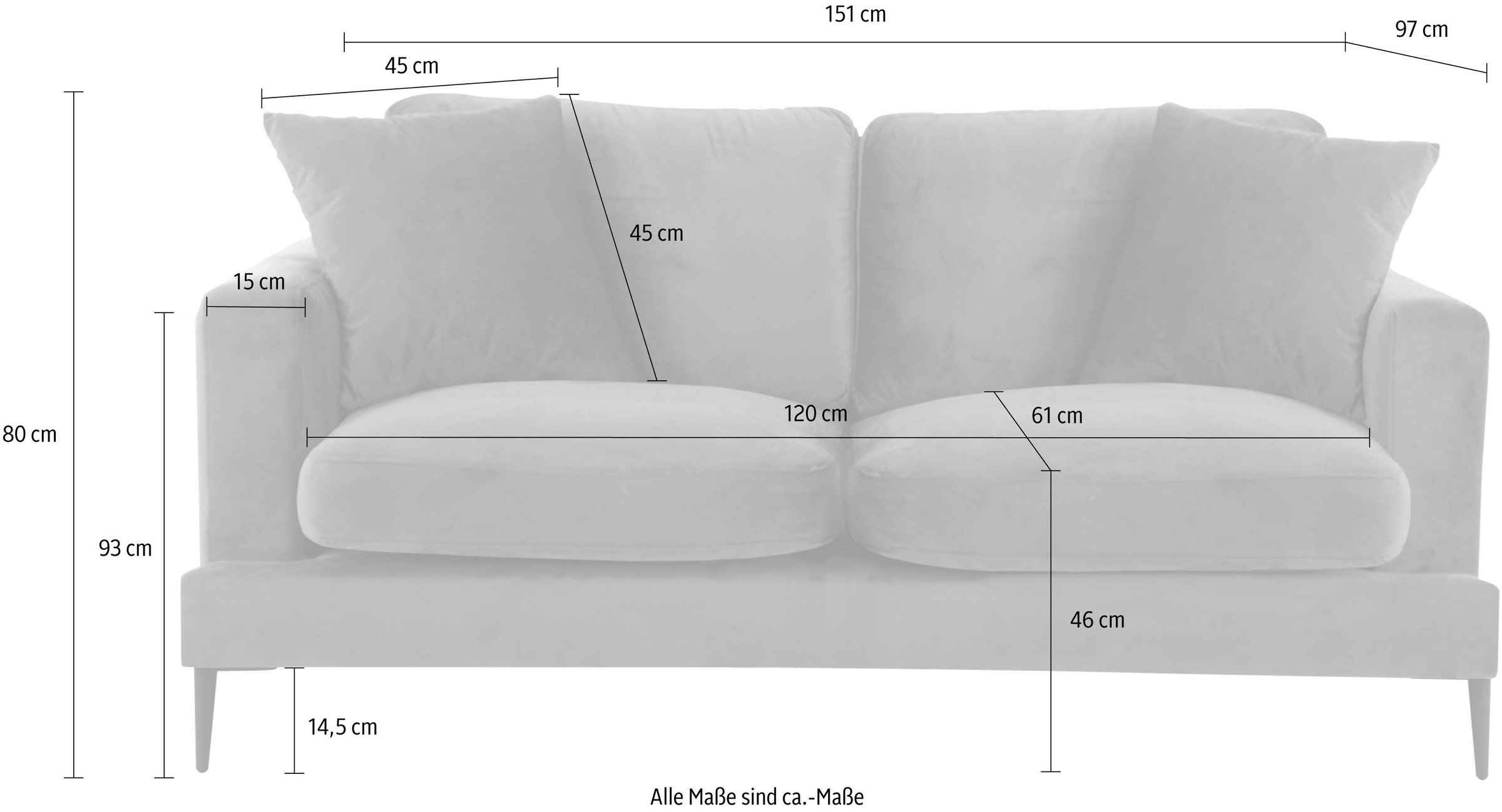 Leonique 2-Sitzer »Cozy elegantes Designsofa, Maße B/T/H: 151/97/80 cm«, mit losen Kissen und Metallbeinen