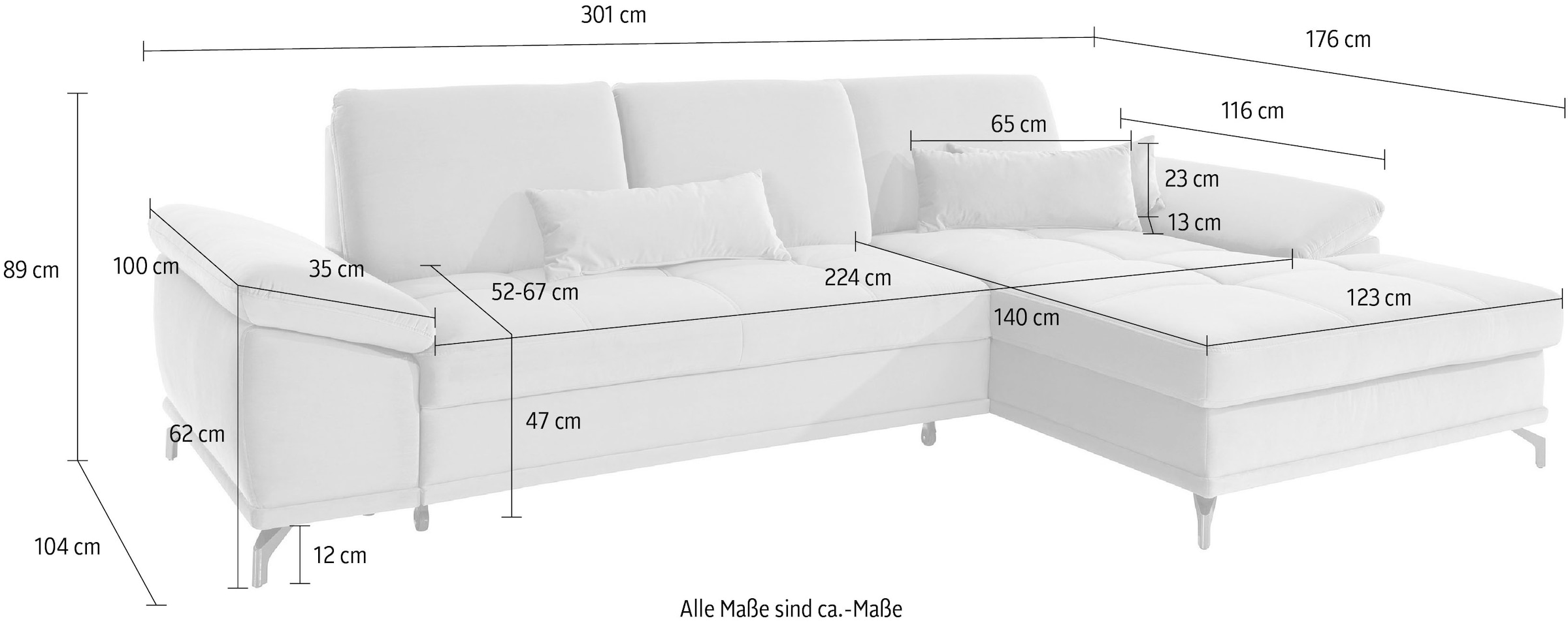 Places of Style Ecksofa Costello, mit Sitztiefenverstellung und Armlehnfunktion, incl. 3 Nierenkissen