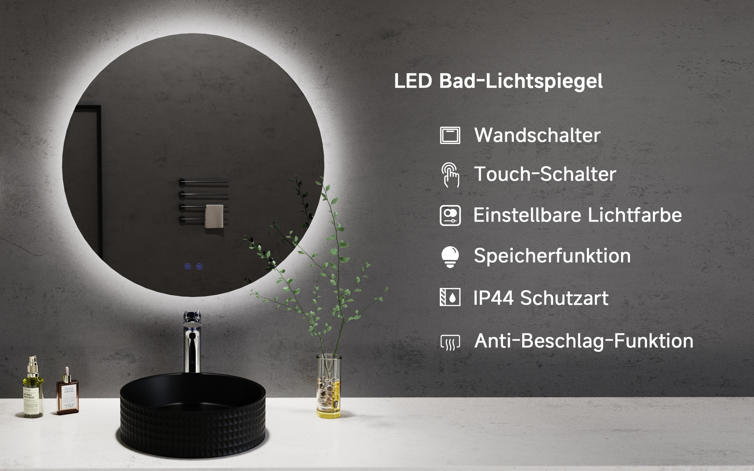 Thumbnail - welltime LED-Lichtspiegel "Toledo rund, Spiegel mit LED Beleuchtung, Badspiegel" mit Anti-Fog Beschichtung