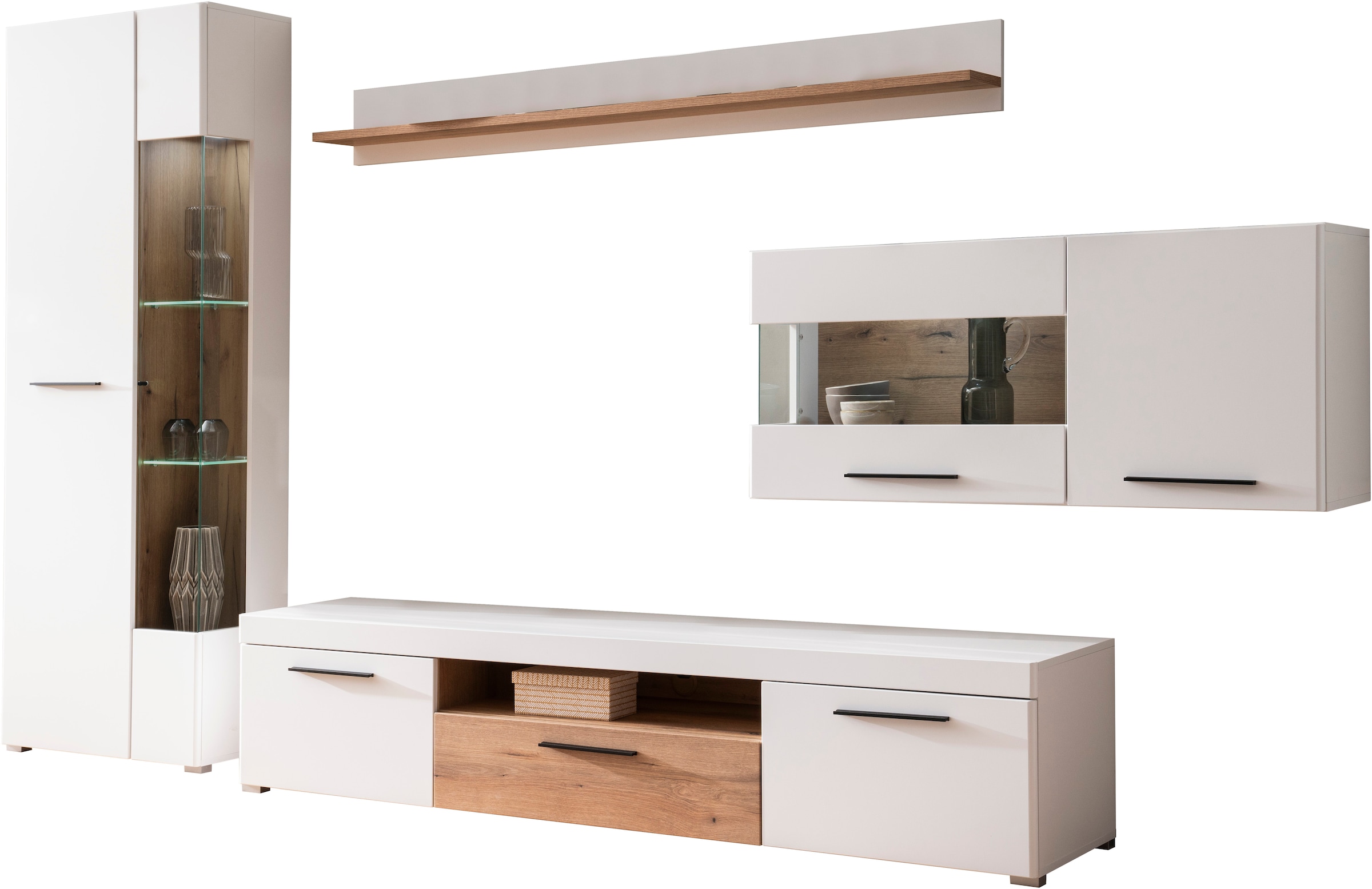 INOSIGN Wohnwand »Salerno, moderne Anbauwand, Wohnzimmer-Set, Weiß mit Eiche Evoke Dekor«, (Set, 4 St.), enthält Hängevitrine, Vitrine, Lowboard + Wandboard, Metallgriffe