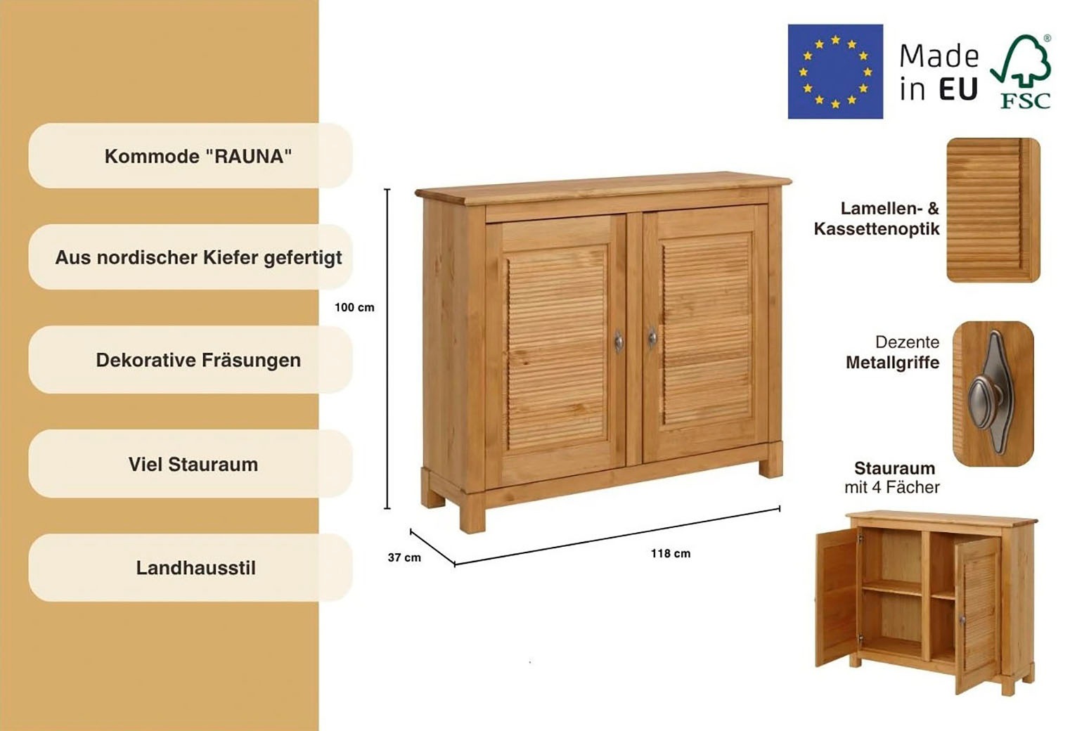 Thumbnail - Home affaire Kommode "Rauna" Breite 118 cm, aus massiver Kiefer, FSC-zertifiziert