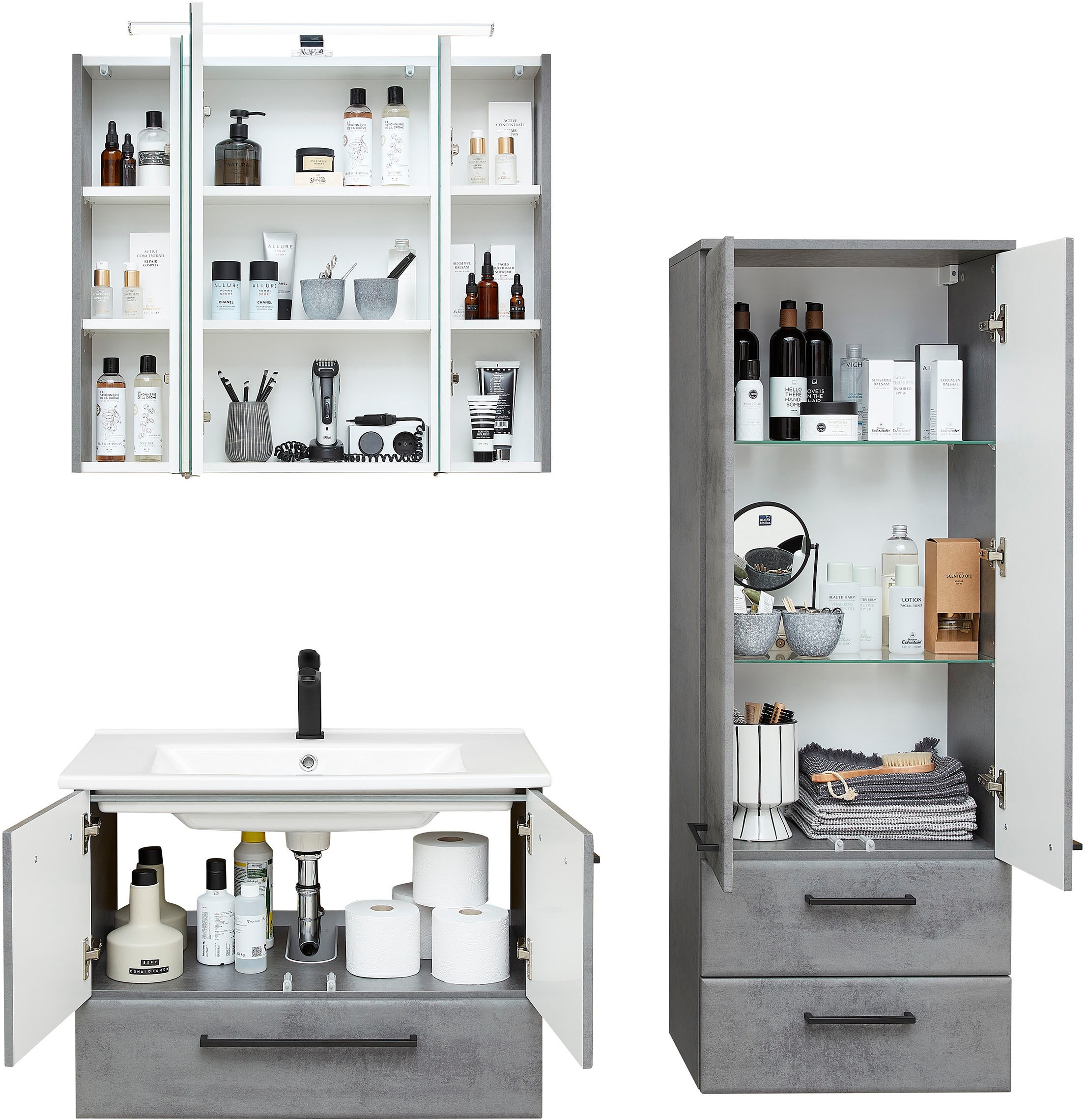 Saphir Badmöbel-Set »Quickset 945 3-teilig, Keramik-Waschtisch mit LED-Spiegelschrank«, (4 St.), Midischrank, 7 Türen, 3 Schubladen, 8 Einlegeböden, inkl. Türdämpfer