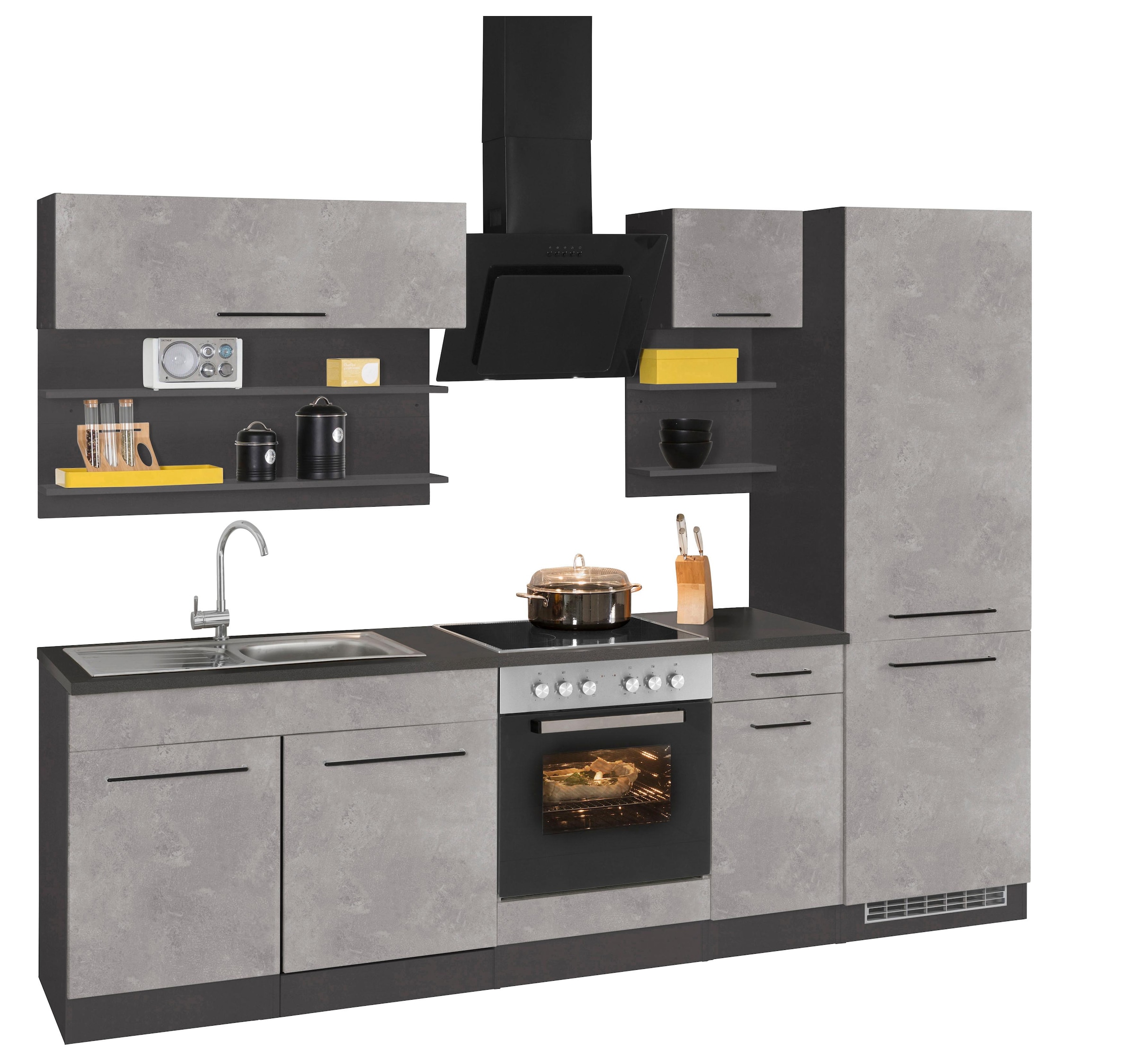 KOCHSTATION Küchenzeile »KS-Tulsa«, mit E-Geräten, Breite 270 cm, schwarze Metallgriffe, MDF Fronten