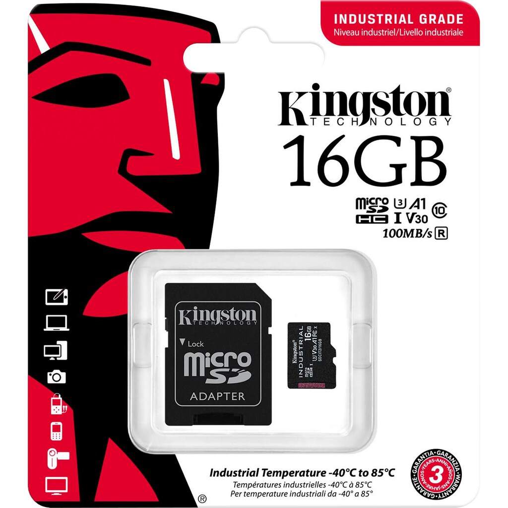 Kingston Speicherkarte »INDUSTRIAL microSD 16GB + SD Adapter«, (UHS-I Class 10 100 MB/s Lesegeschwindigkeit)