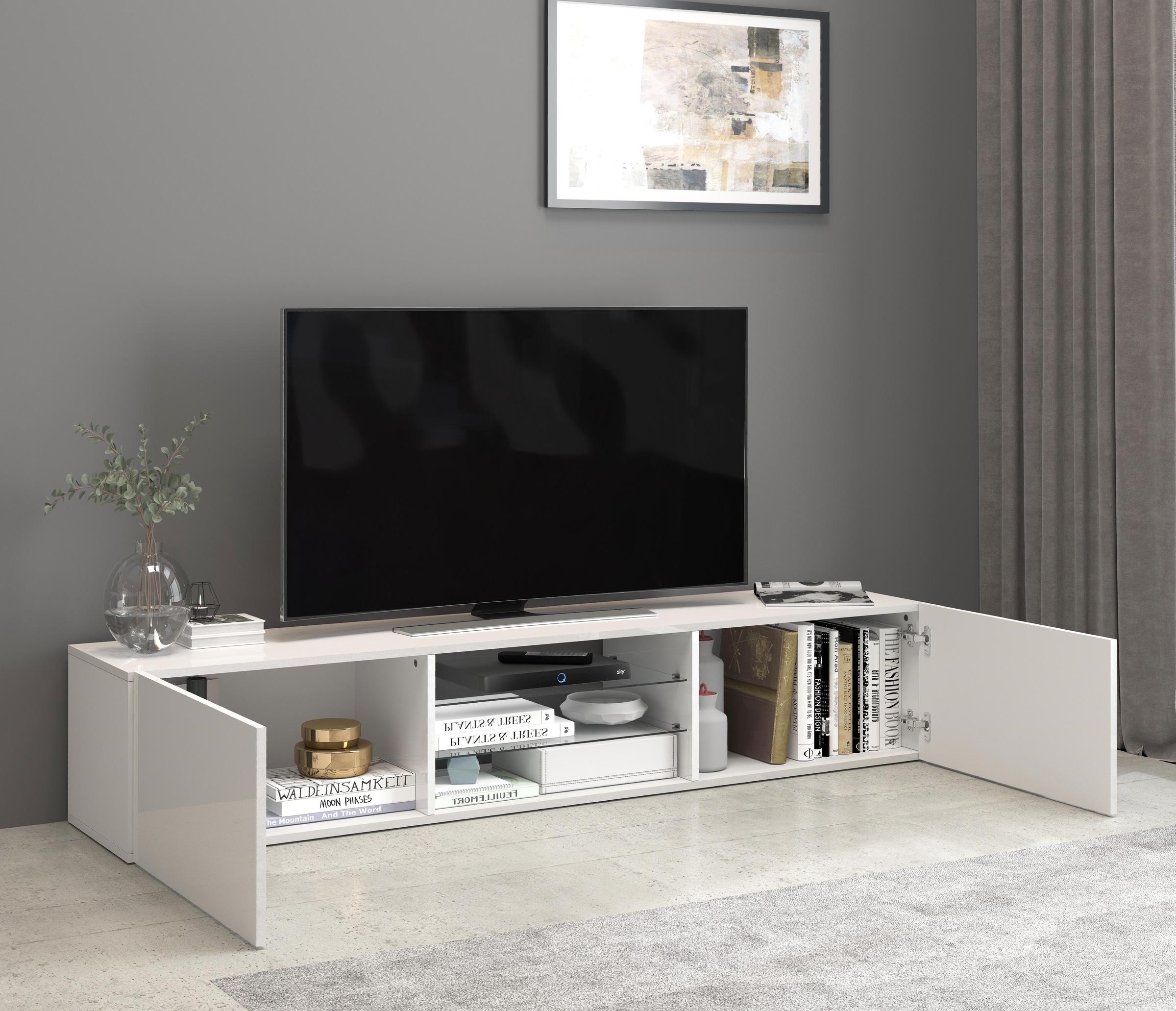 INOSIGN Lowboard »Egypt,Lowboard,TV-Kommode,TV-Möbel,TV-Bank«, mit 2 Klappen, 2 Glasböden,kompl. Hochgl. lackiert (B/T/H)180x38x35 cm