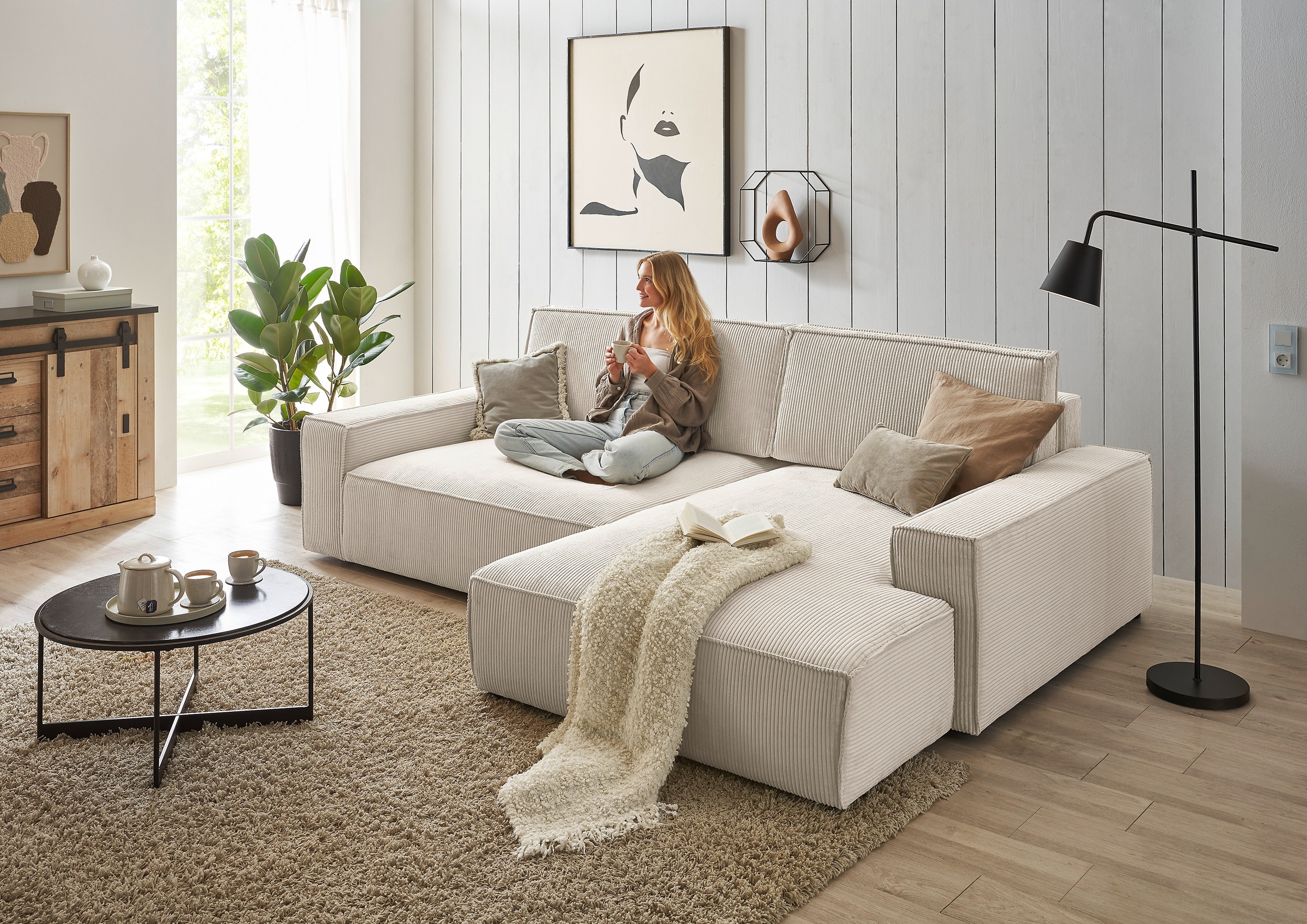 Home affaire Ecksofa »NEU: SHERWOODL XXL 284, Big-Sofa L-Form, tiefe Sitzfläche 95 cm, Cord,«, Leinenoptik, Recamiere rechts/links, auch als Schlafsofa stellbar