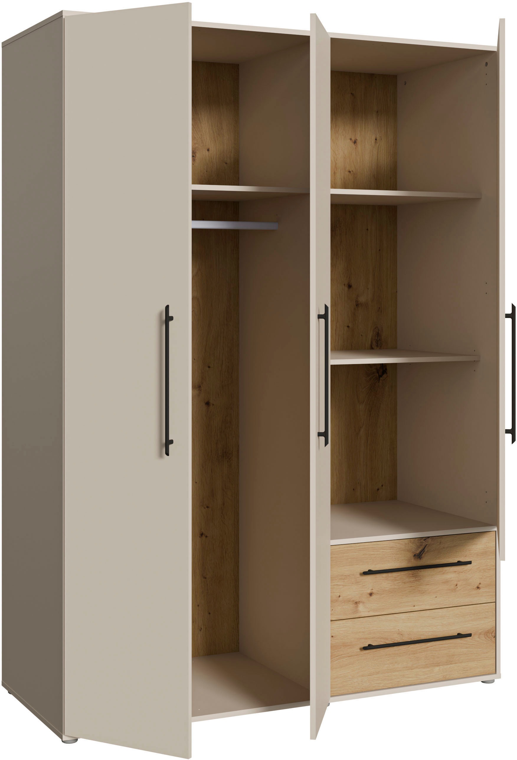 FORTE Kleiderschrank »Mokkaris , zeitloses Design, 3–4 Türen, Made in Europe« B/H/T ca. 145x200x59cm oder 206x200x59cm,  Schubladen + schwarze Stangengriffe, Made in Europe, viel Stauraum